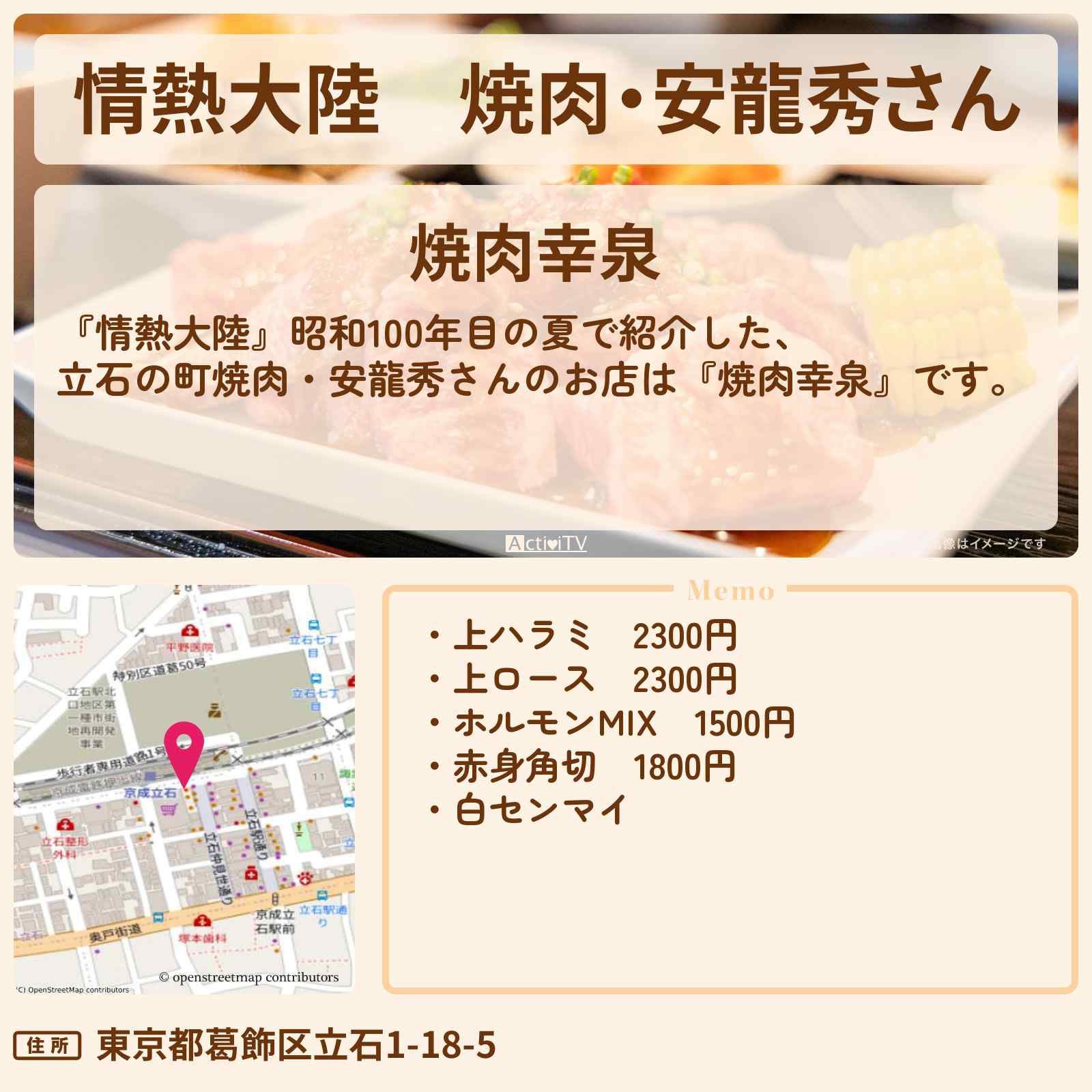 【情熱大陸】焼肉・安龍秀さん『焼肉幸泉』立石のお店情報