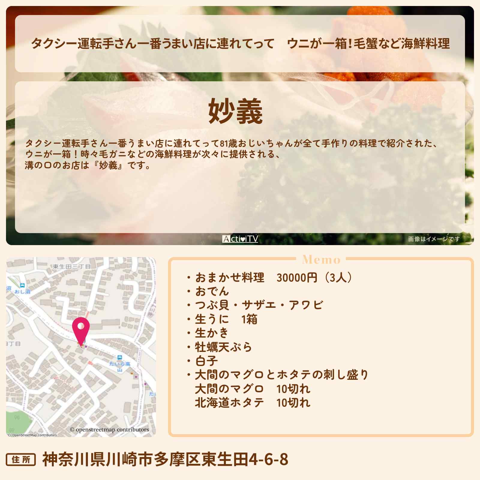 【タクシー運転手さん一番うまい店に連れてって】ウニが一箱!毛蟹など海鮮料理 溝の口・川崎市多摩区『妙義』のお店・メニューを紹介 〔タクうま〕