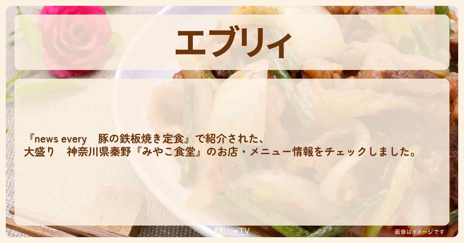 【エブリィ　大盛り！豚の鉄板焼き定食】神奈川県秦野『みやこ食堂』のお店・メニューを紹介 #every 2022/11/2放送〔街道の名物食堂〕