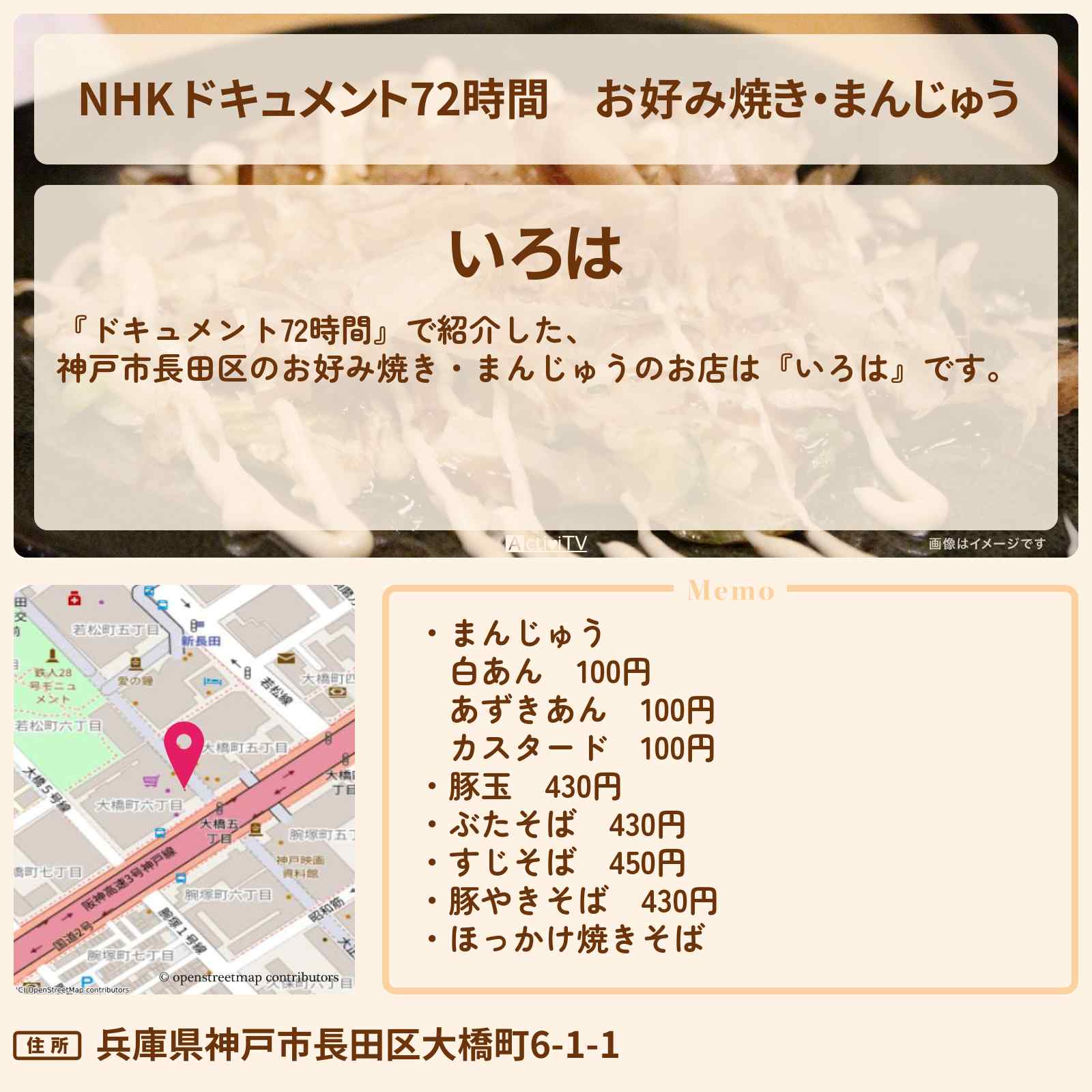 【NHK ドキュメント72時間】お好み焼き・まんじゅう 神戸市長田区『いろは』の場所・情報のまとめ