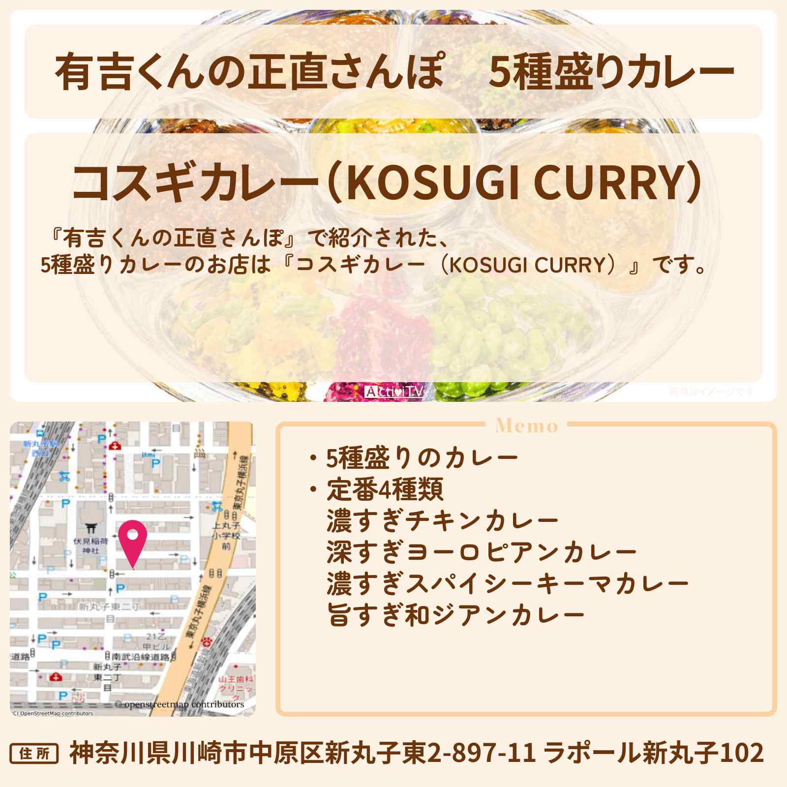 【有吉くんの正直さんぽ】5種盛りカレー『コスギカレー(KOSUGI CURRY)』新丸子の創作カレーのお店・情報を紹介
