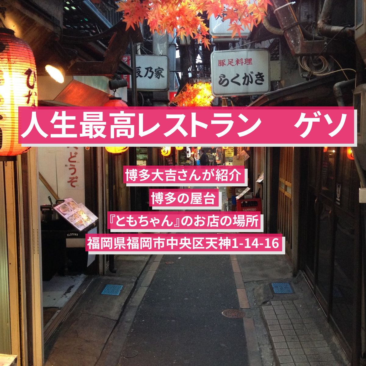 【人生最高レストラン】ゲソ（サガリ・タンが人気）博多大吉　博多の屋台『ともちゃん』のお店の場所