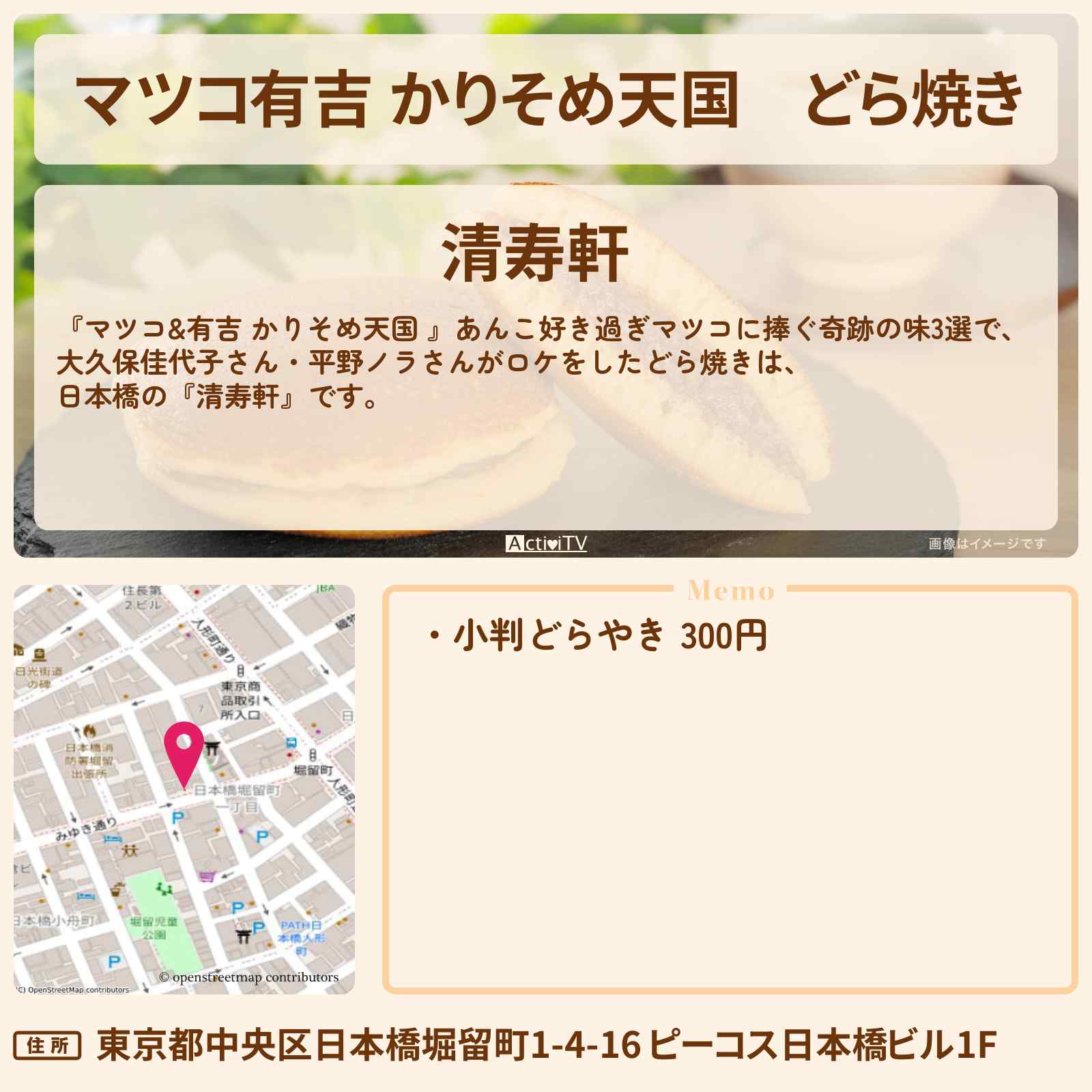 【マツコ有吉 かりそめ天国】どら焼き『清寿軒』日本橋のお店の場所