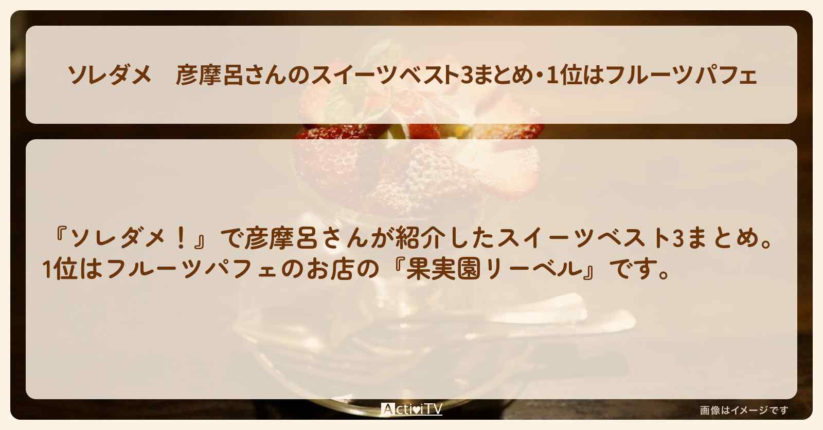 【ソレダメ】彦摩呂さんのスイーツベスト3まとめ・1位はフルーツパフェ『果実園リーベル』渋谷のお店の場所〔石塚英彦・的場浩司〕