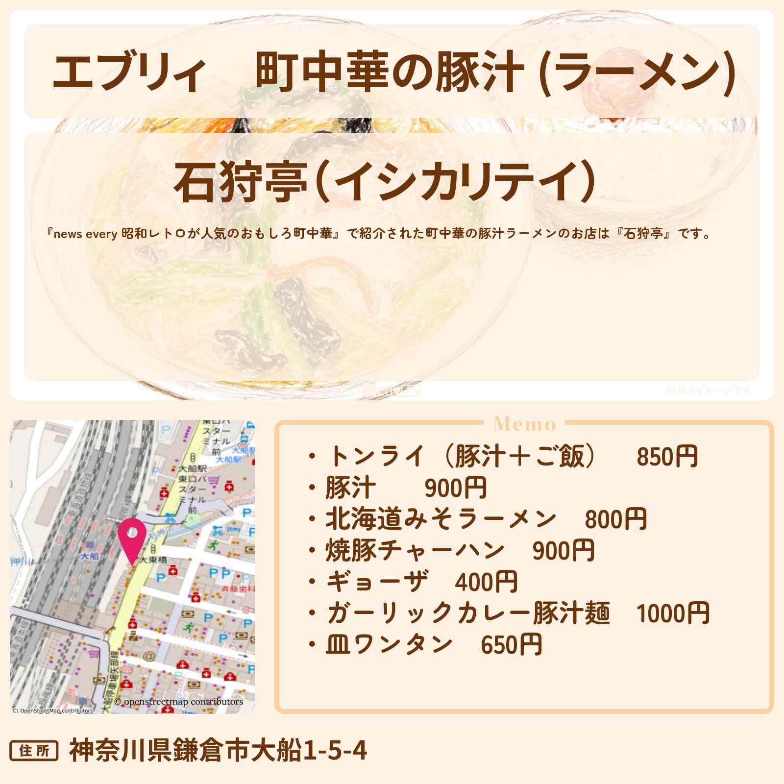【エブリィ】町中華の豚汁 (ラーメン)『石狩亭』鎌倉市大船のお店の場所〔every〕