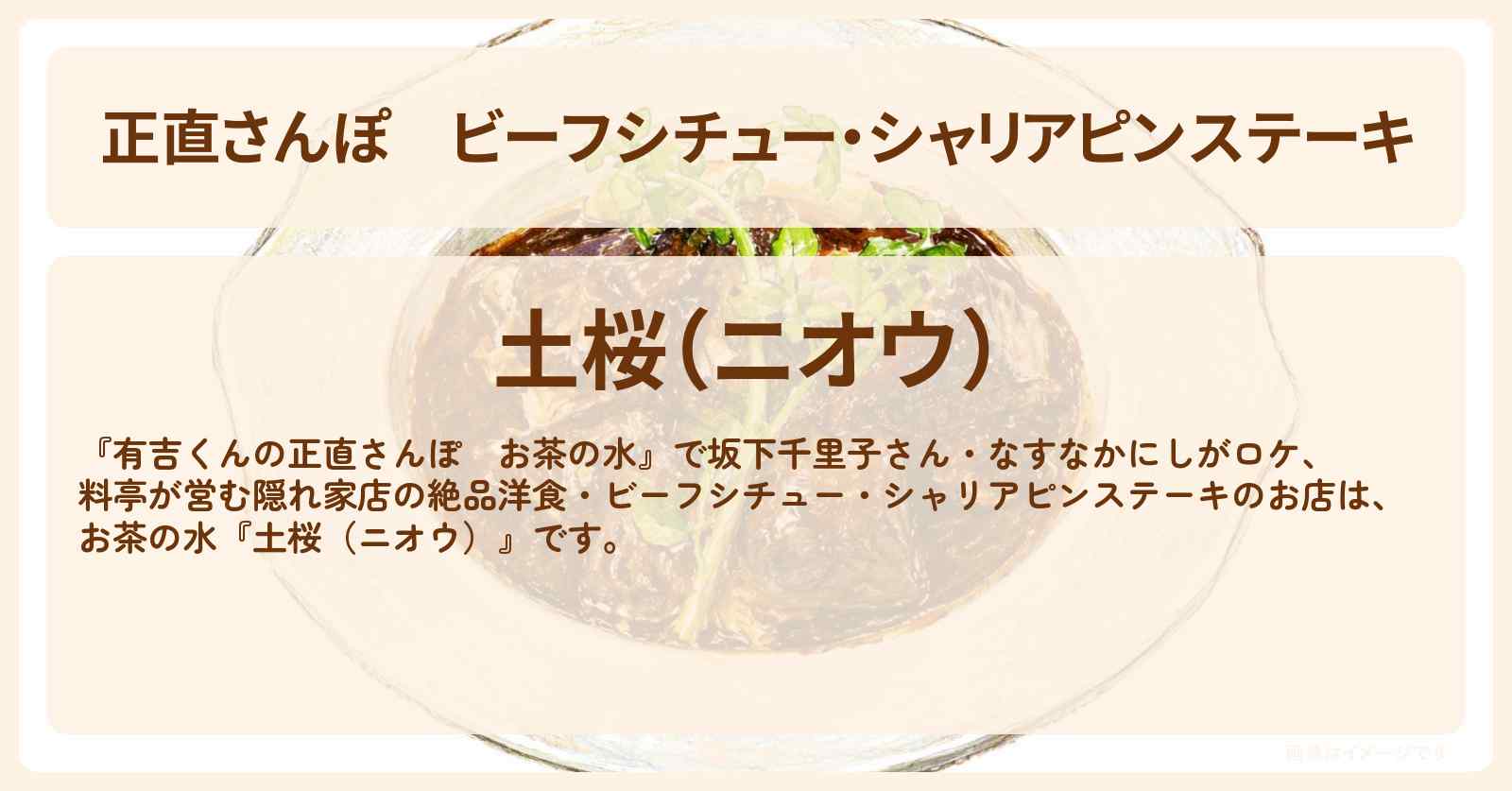 【正直さんぽ】ビーフシチュー・シャリアピンステーキ『土桜(ニオウ)』お茶の水の料亭が営む絶品洋食のお店・ロケ地を紹介〔坂下千里子・なすなかにし〕