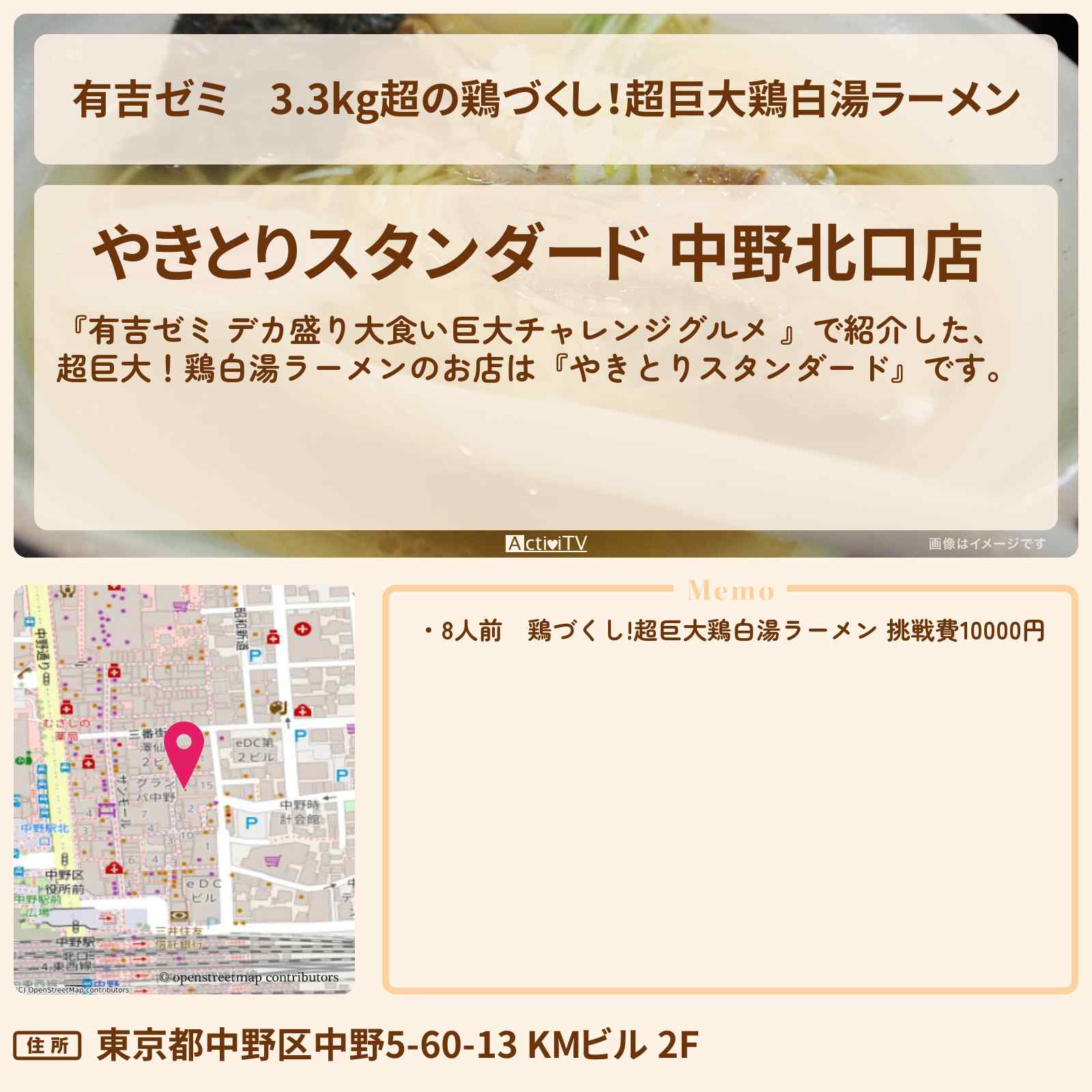 【有吉ゼミ】3.3kg超の鶏づくし!超巨大鶏白湯ラーメン『やきとりスタンダード』中野のお店の場所「ギャル曽根 vs チャレンジグルメ」2024/7/1放送
