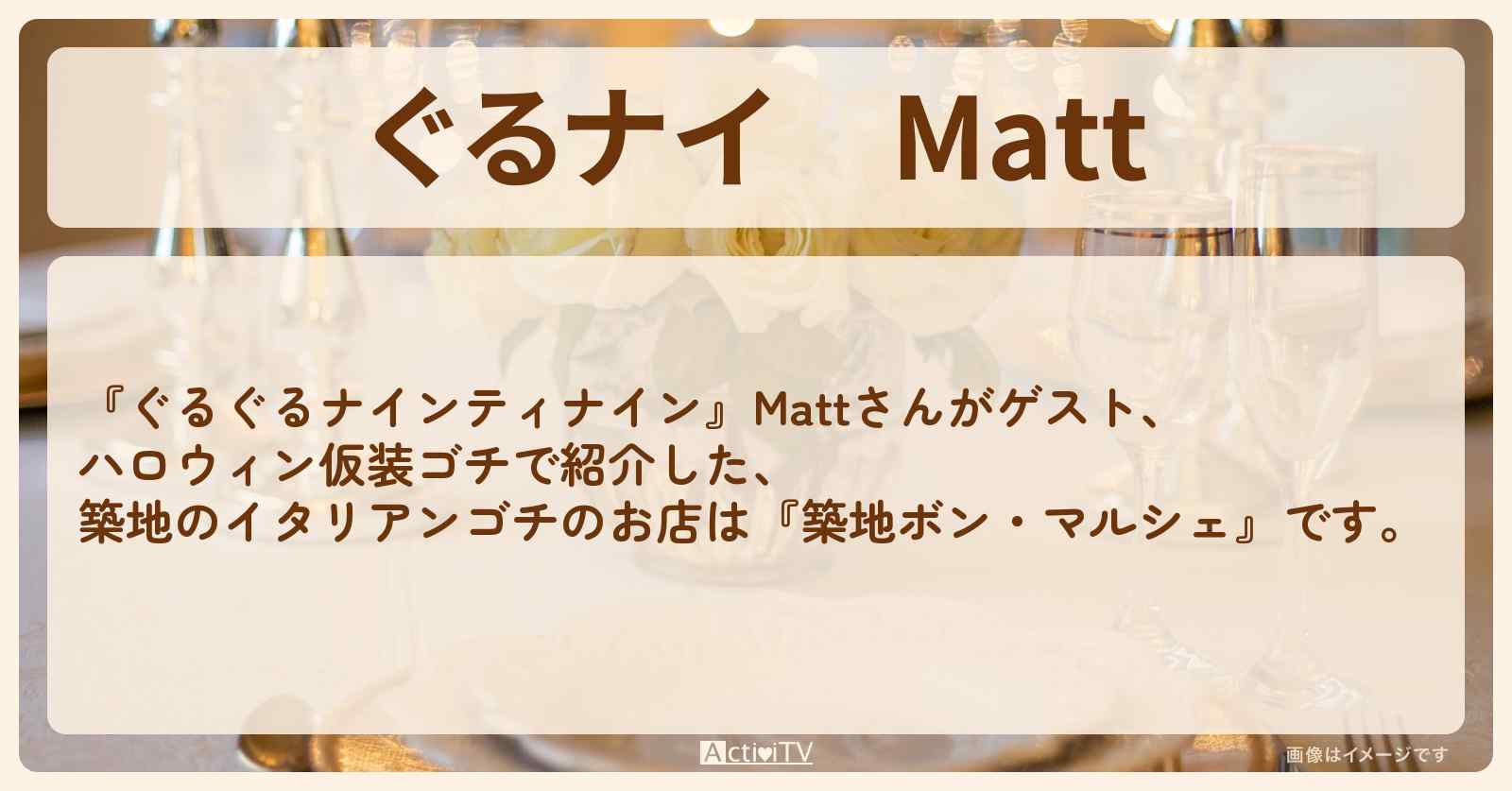 【ぐるナイ】Matt　築地のイタリアンゴチ『築地ボン・マルシェ』のお店の場所