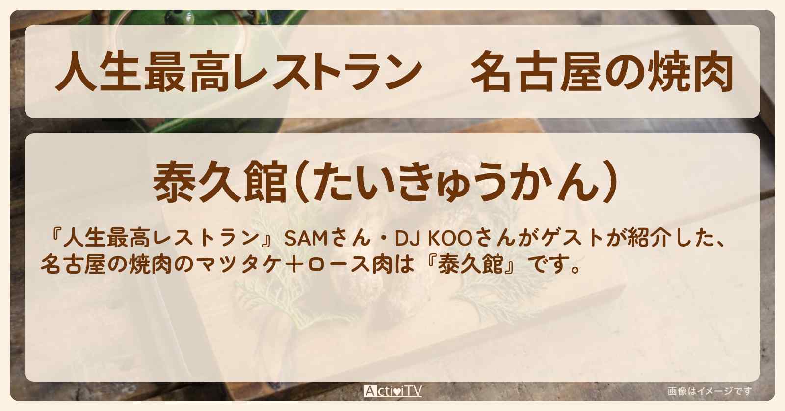 名古屋の焼肉　マツタケ＋ロース肉　SAM&DJ KOO『泰久館』のお店の場所