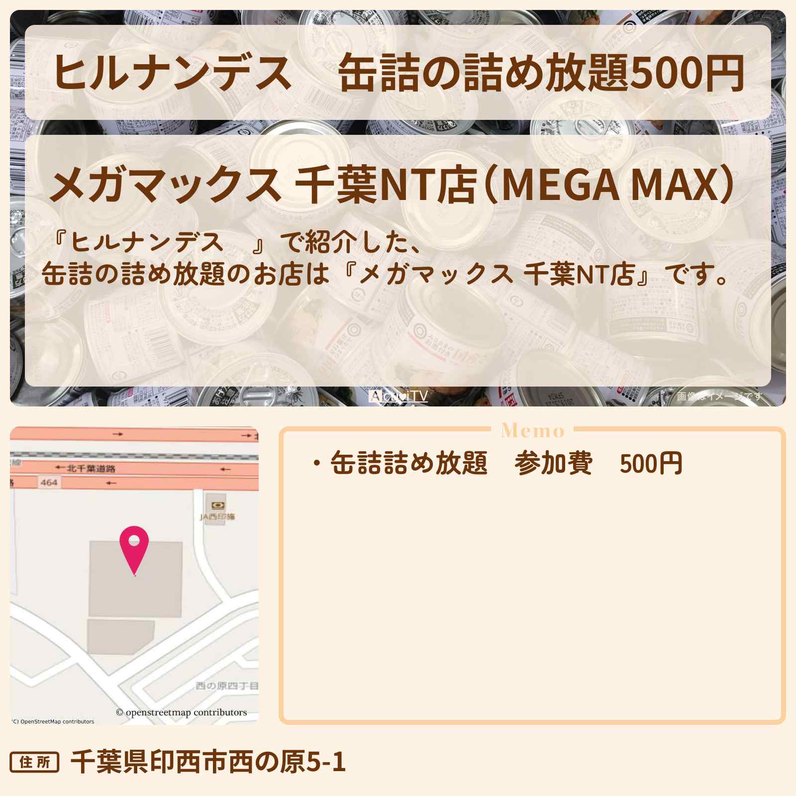 【ヒルナンデス】缶詰の詰め放題500円『メガマックス 千葉NT店』のお店情報
