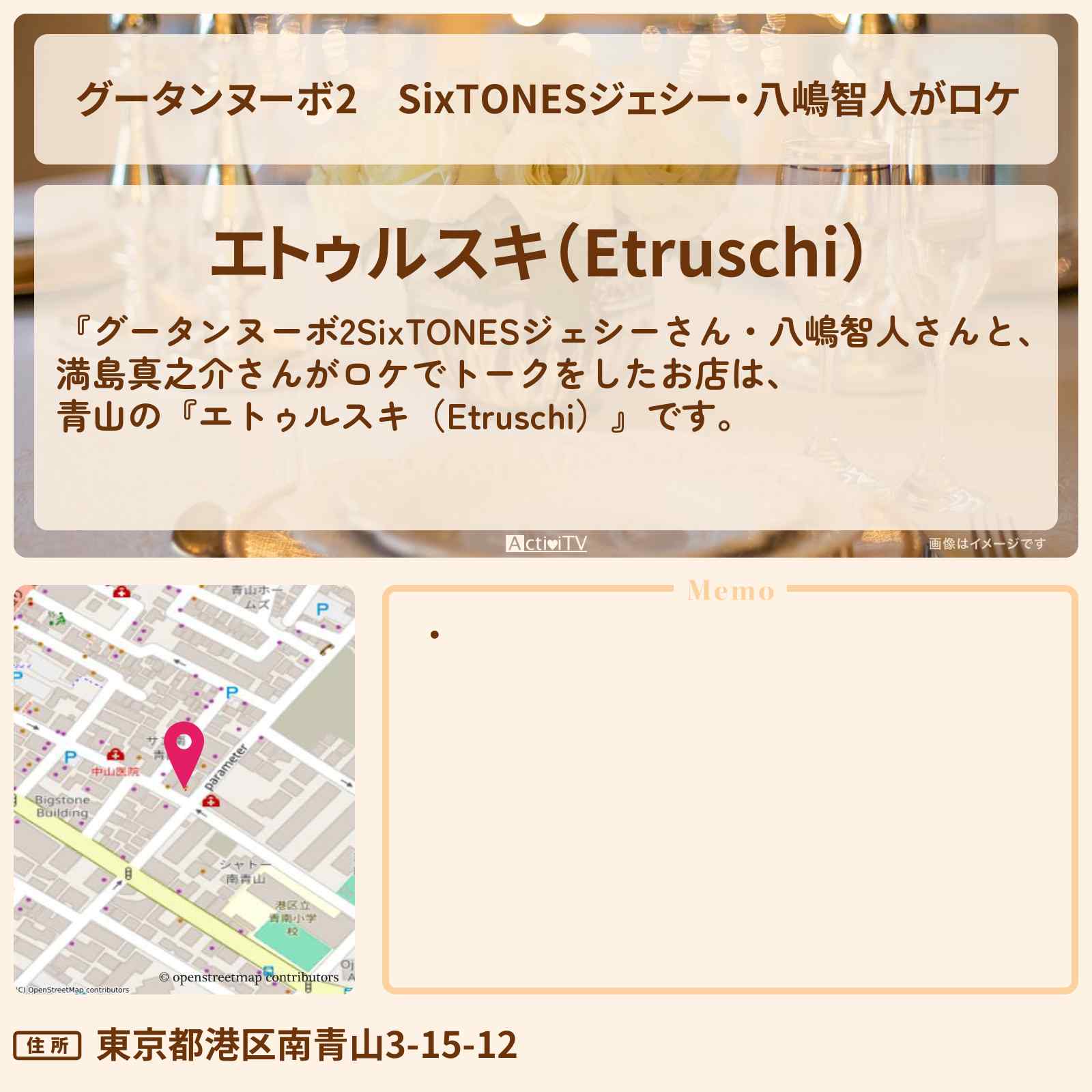 【グータンヌーボ2】SixTONESジェシー・八嶋智人がロケ『エトゥルスキ(Etruschi)』のロケ地 のお店情報