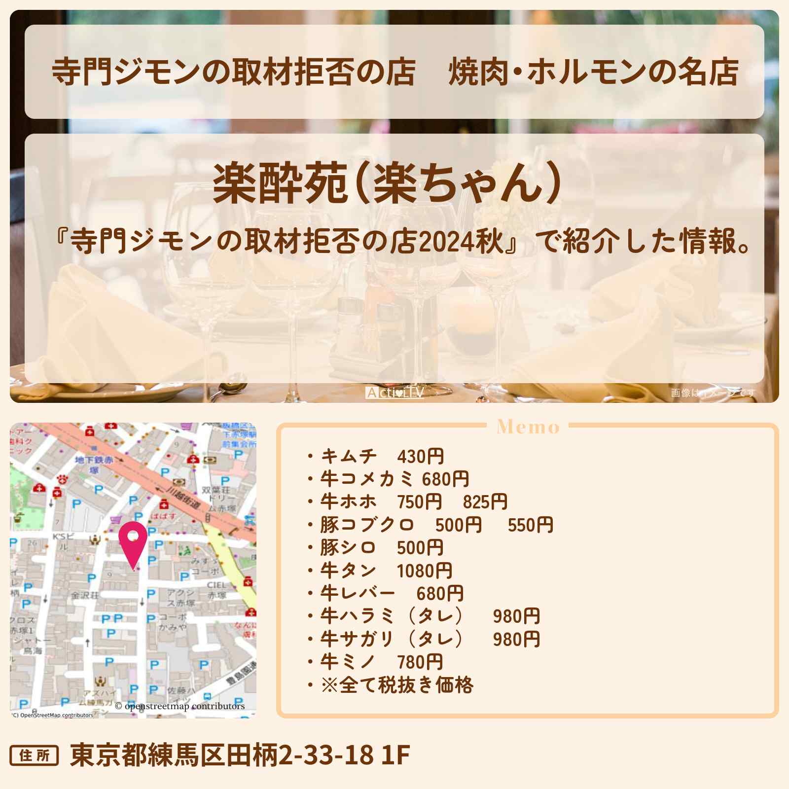 【寺門ジモンの取材拒否の店】焼肉・ホルモンの名店『楽酔苑(楽ちゃん)』練馬区のお店の場所 2024/9/28放送