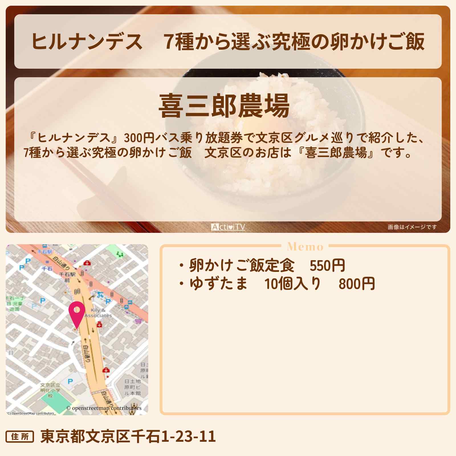 【ヒルナンデス】7種から選ぶ究極の卵かけご飯 文京区『喜三郎農場』のお店情報〔横山裕・小島健・柴田理恵〕