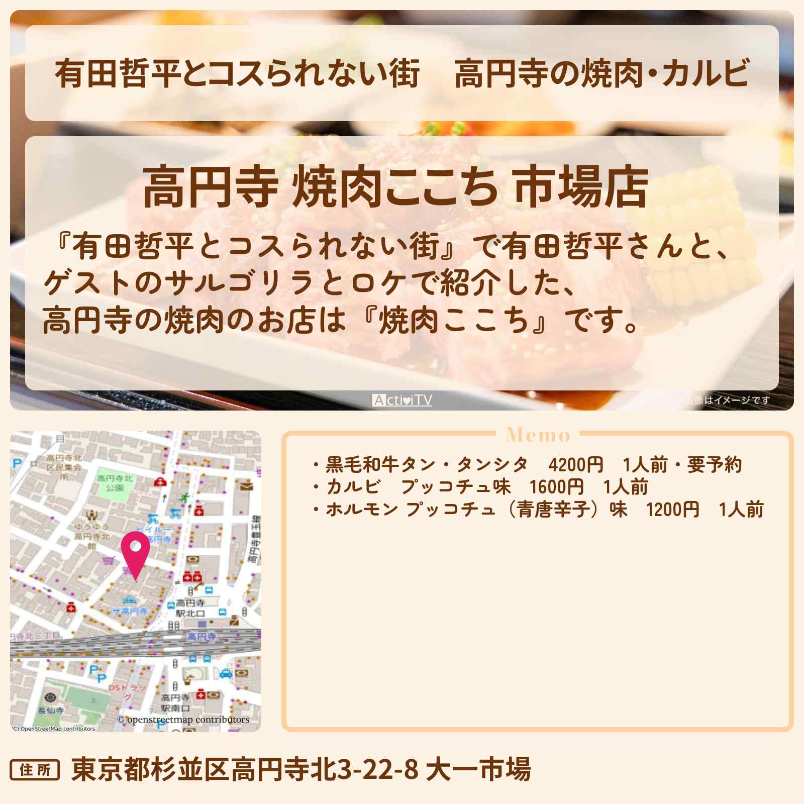【有田哲平とコスられない街】高円寺の焼肉・カルビ『焼肉ここち』新宿のお店の情報