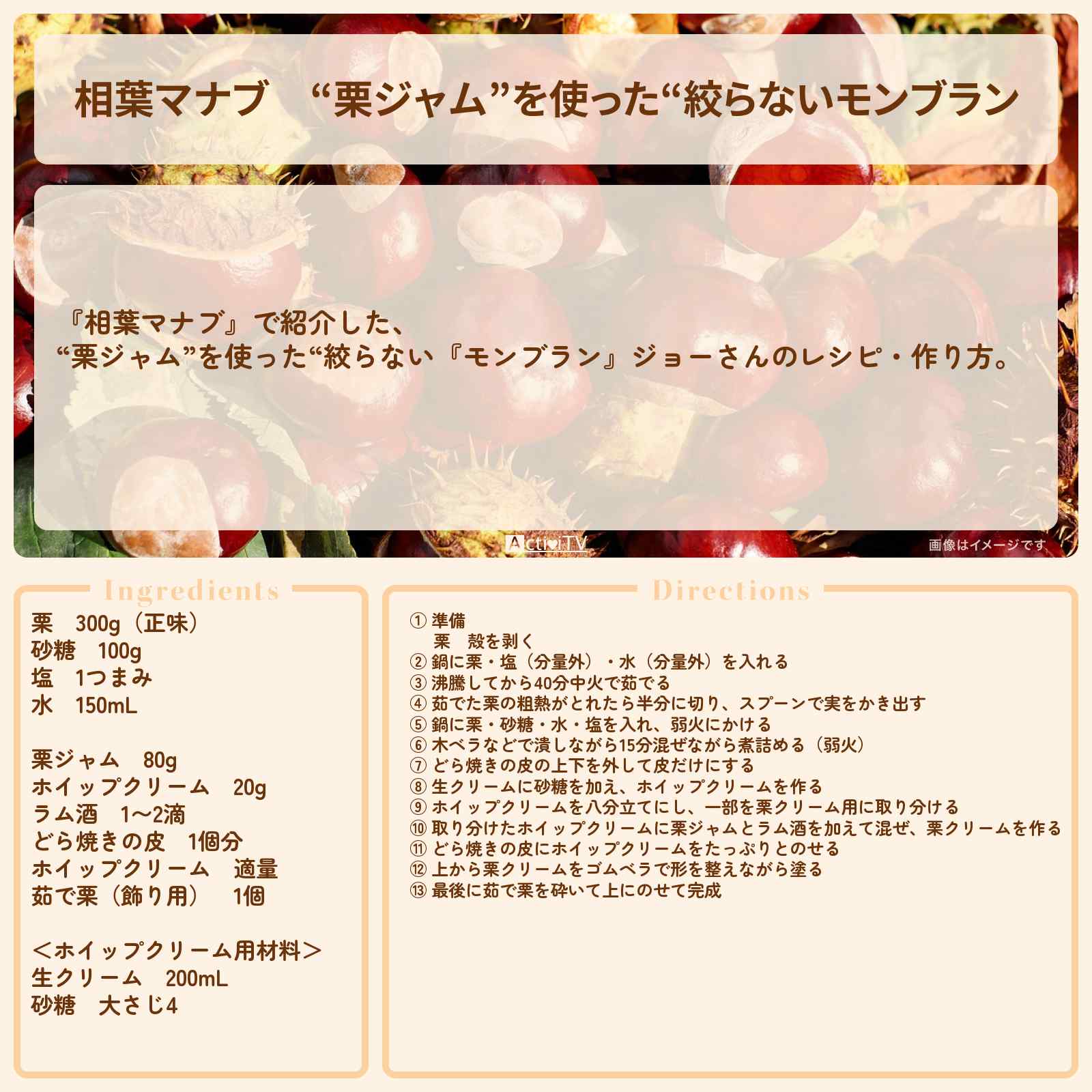 【相葉マナブ】“栗ジャム”を使った“絞らない『モンブラン』ジョーさんのレシピ・作り方