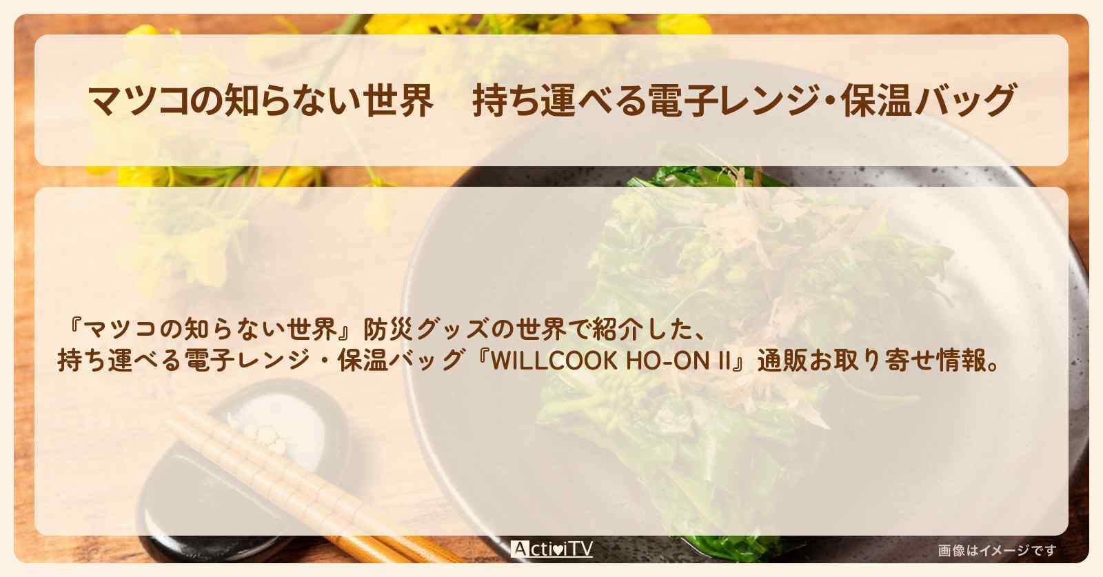 持ち運べる電子レンジ・保温バッグ『WILLCOOK HO-ON II』防災グッズの通販お取り寄せ