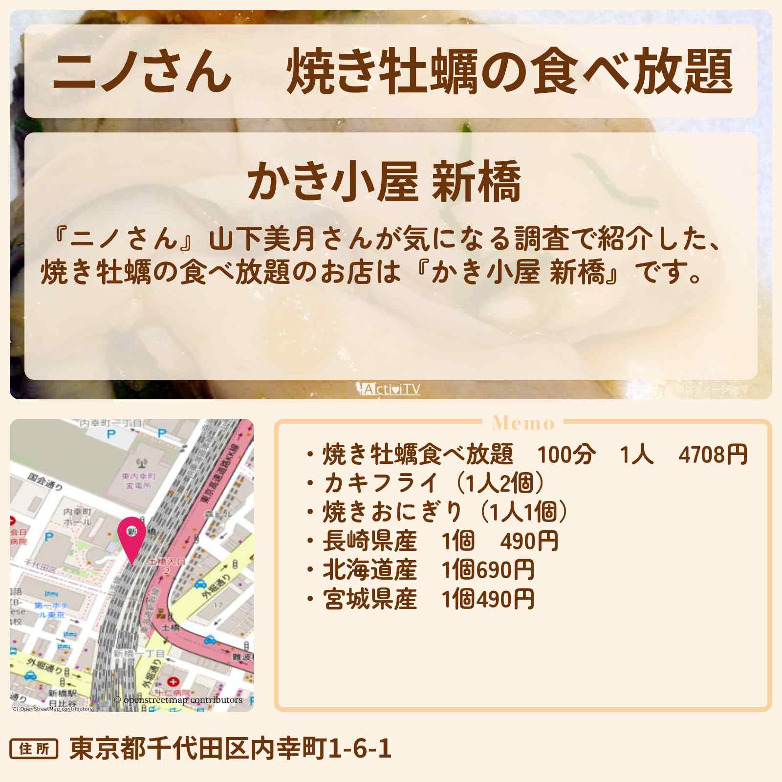 【ニノさん】焼き牡蠣の食べ放題『かき小屋 新橋』のお店の場所〔山下美月〕