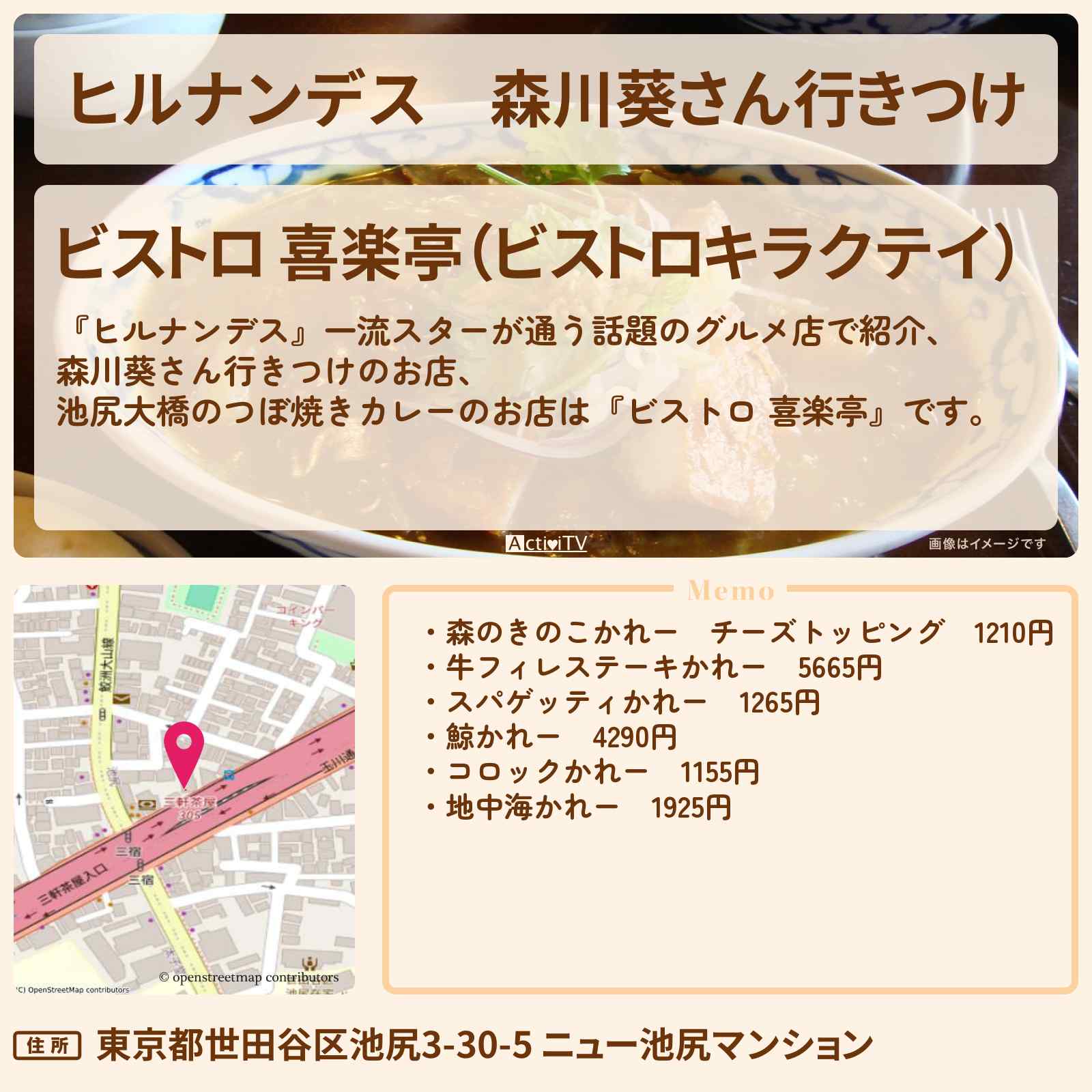【ヒルナンデス】森川葵さん行きつけ つぼ焼きカレー『ビストロ 喜楽亭』池尻大橋でスター行きつけのお店情報