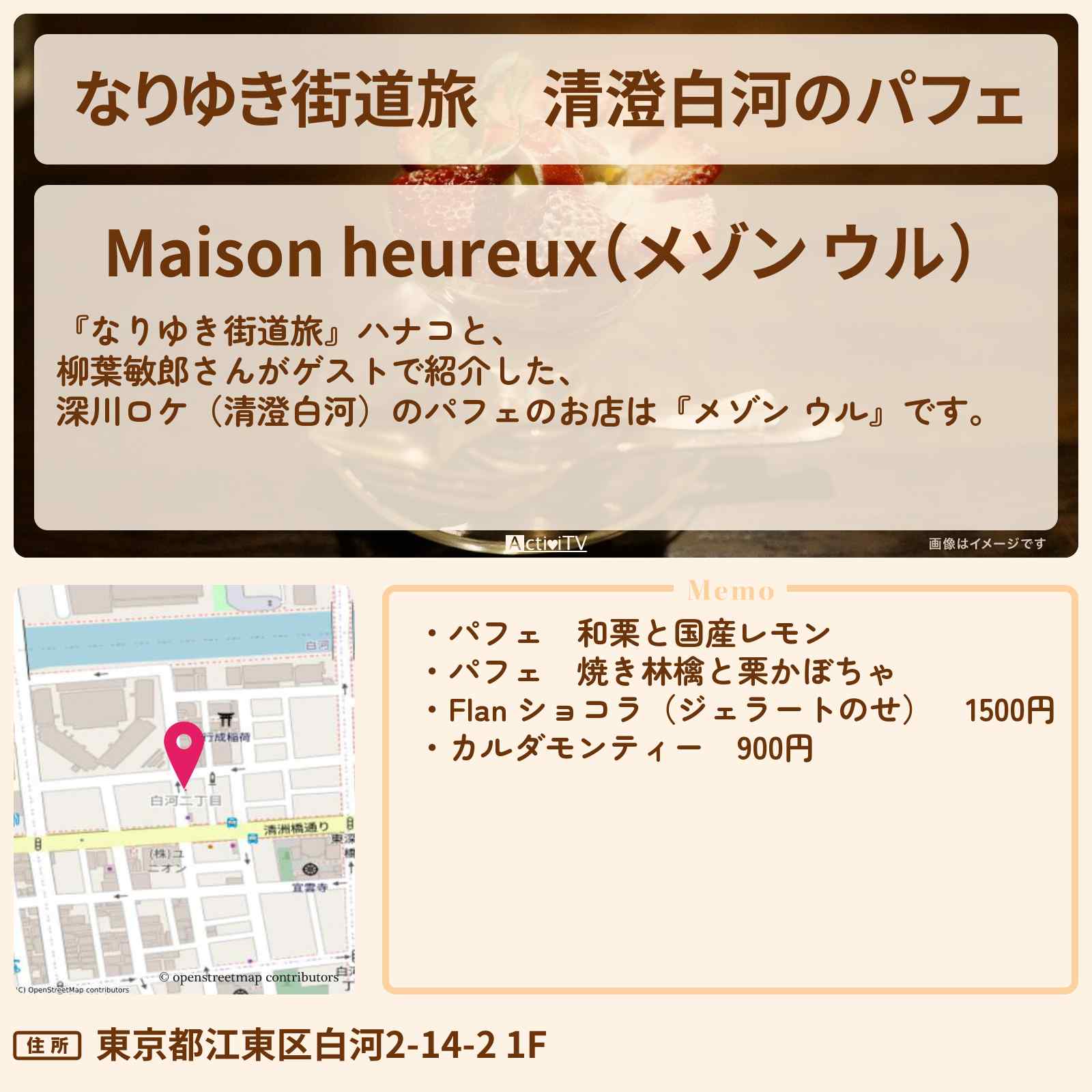 【なりゆき街道旅】清澄白河のパフェ『メゾン ウル』深川ロケのお店の場所〔柳葉敏郎〕