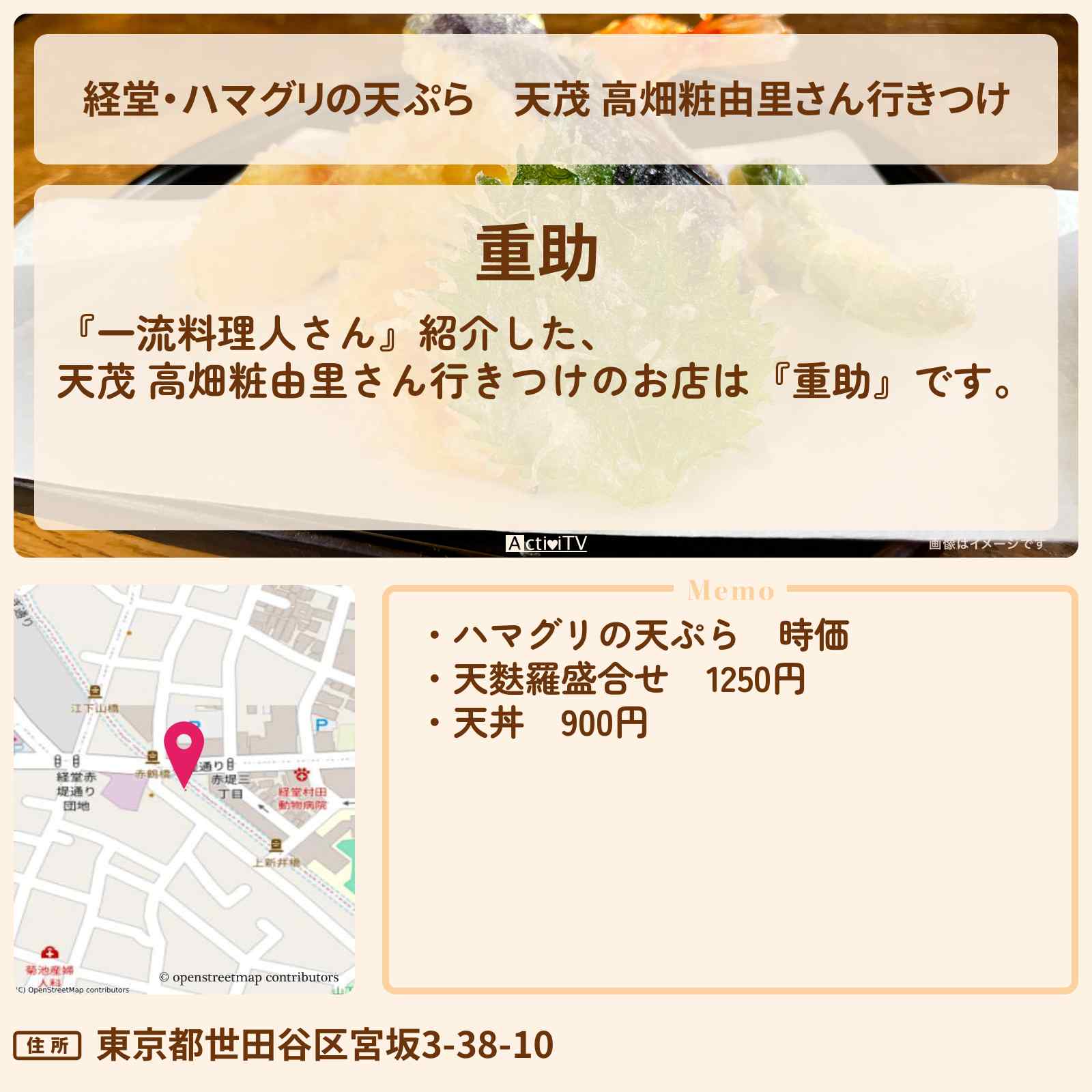 【経堂・ハマグリの天ぷら】天茂 高畑粧由里さん行きつけ『重助』のお店の場所〔一流料理人さん 並んでも!遠くても!食べたい激うまメシ教えて〕