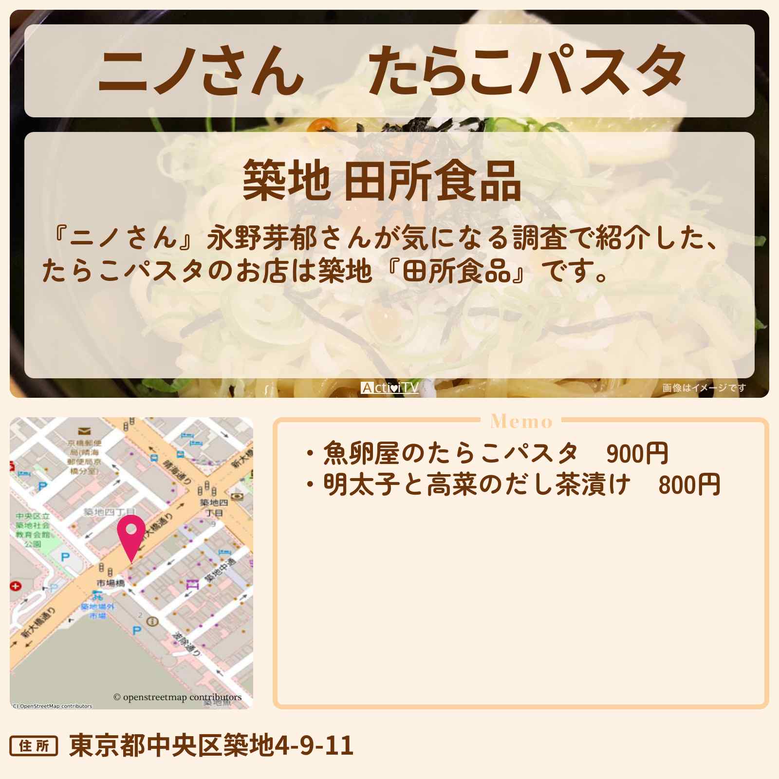 【ニノさん】たらこパスタ 永野芽郁『田所食品』築地場外市場のお店の場所