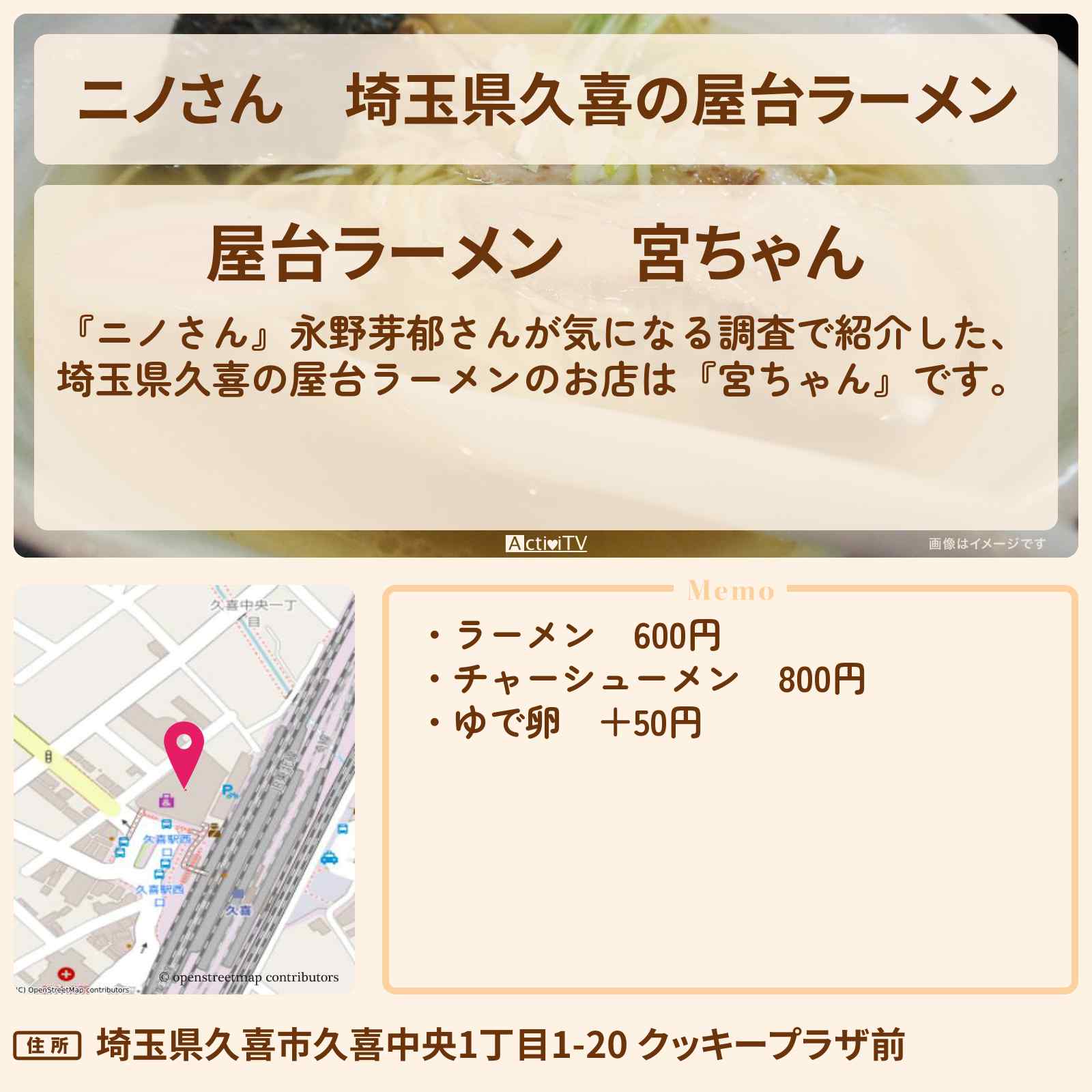 【ニノさん】埼玉県久喜の屋台ラーメン『宮ちゃん』のお店の場所〔永野芽郁〕