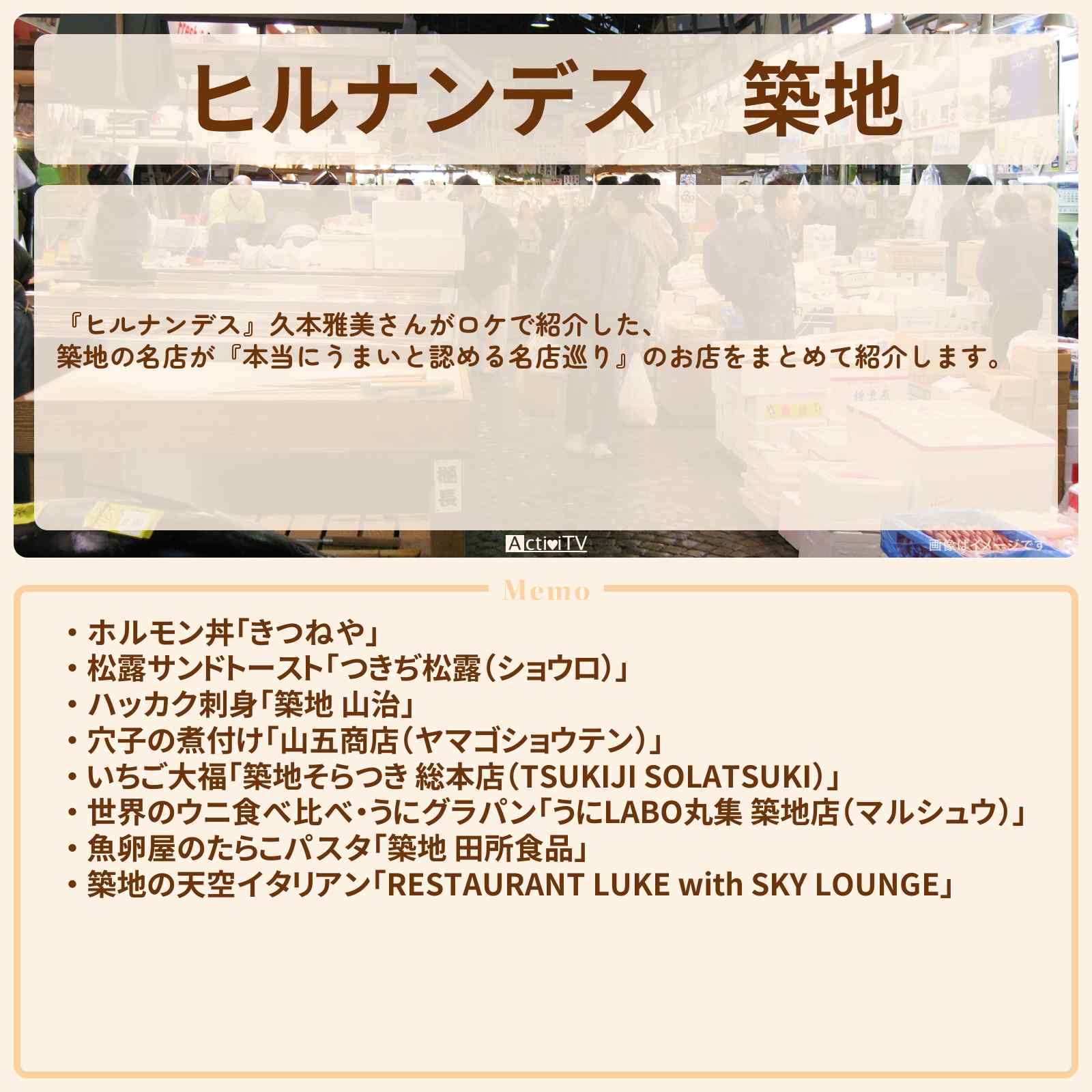 【ヒルナンデス】築地『久本雅美・名店数珠繋ぎ巡り散歩』のお店情報