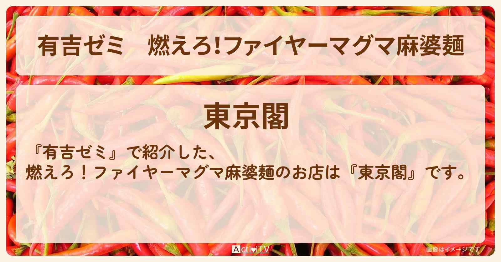 燃えろ！ファイヤーマグマ麻婆麺『東京閣』市ケ谷のお店・激辛メニューを紹介「vs 激辛チャレンジグルメ」2024/12/16放送