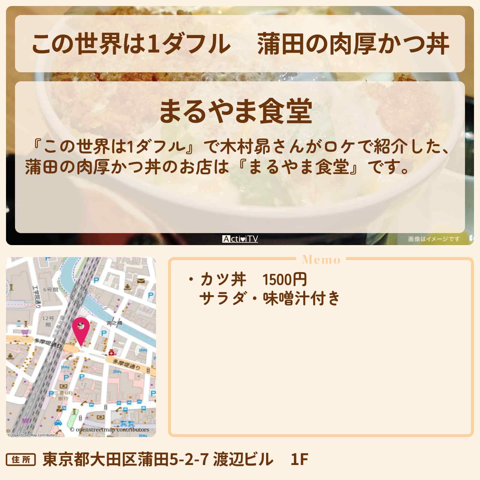 【この世界は1ダフル】蒲田の肉厚かつ丼 木村昴『まるやま食堂』蒲田のお店の場所