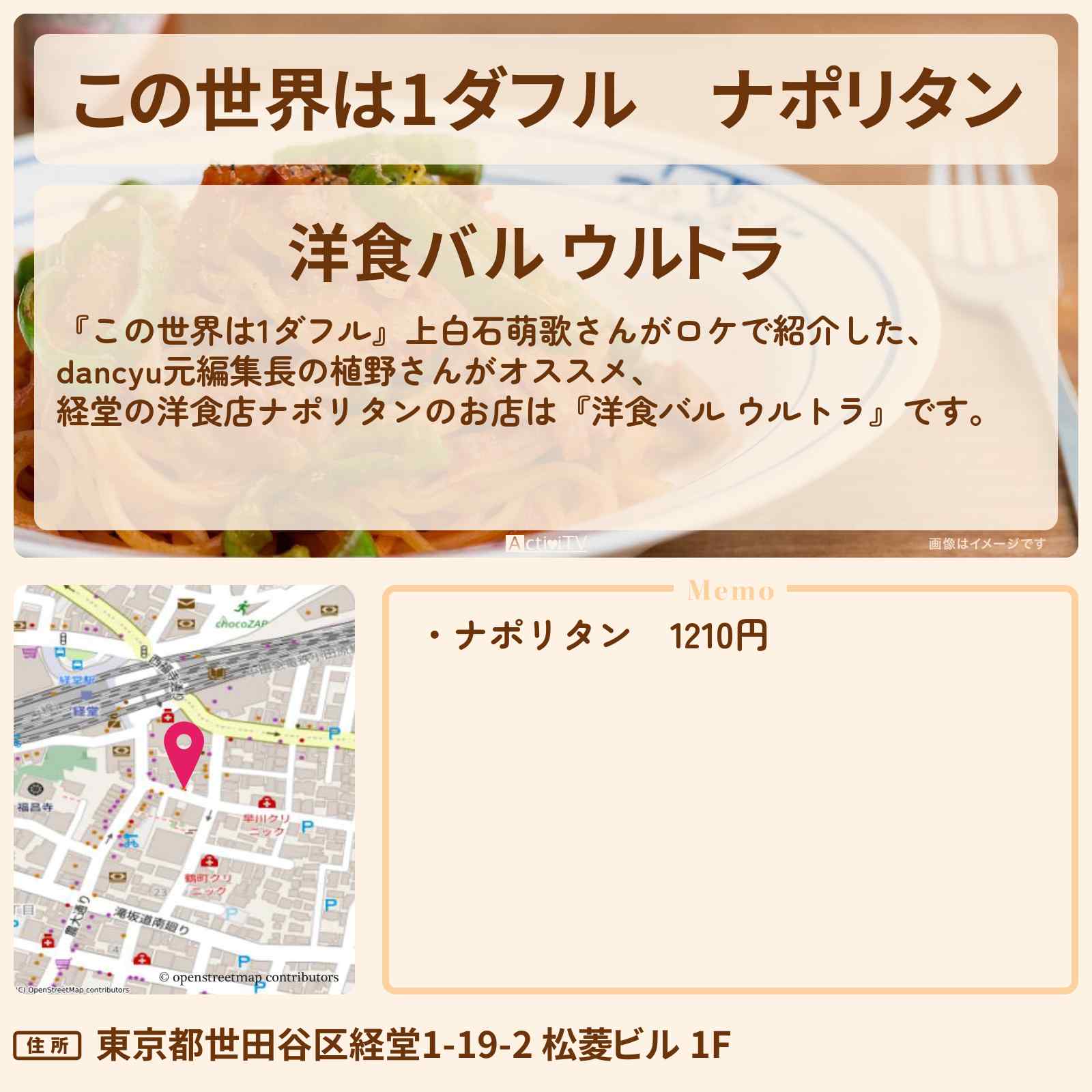 【この世界は1ダフル】ナポリタン 上白石萌歌『洋食バル ウルトラ』経堂の洋食店のお店の場所