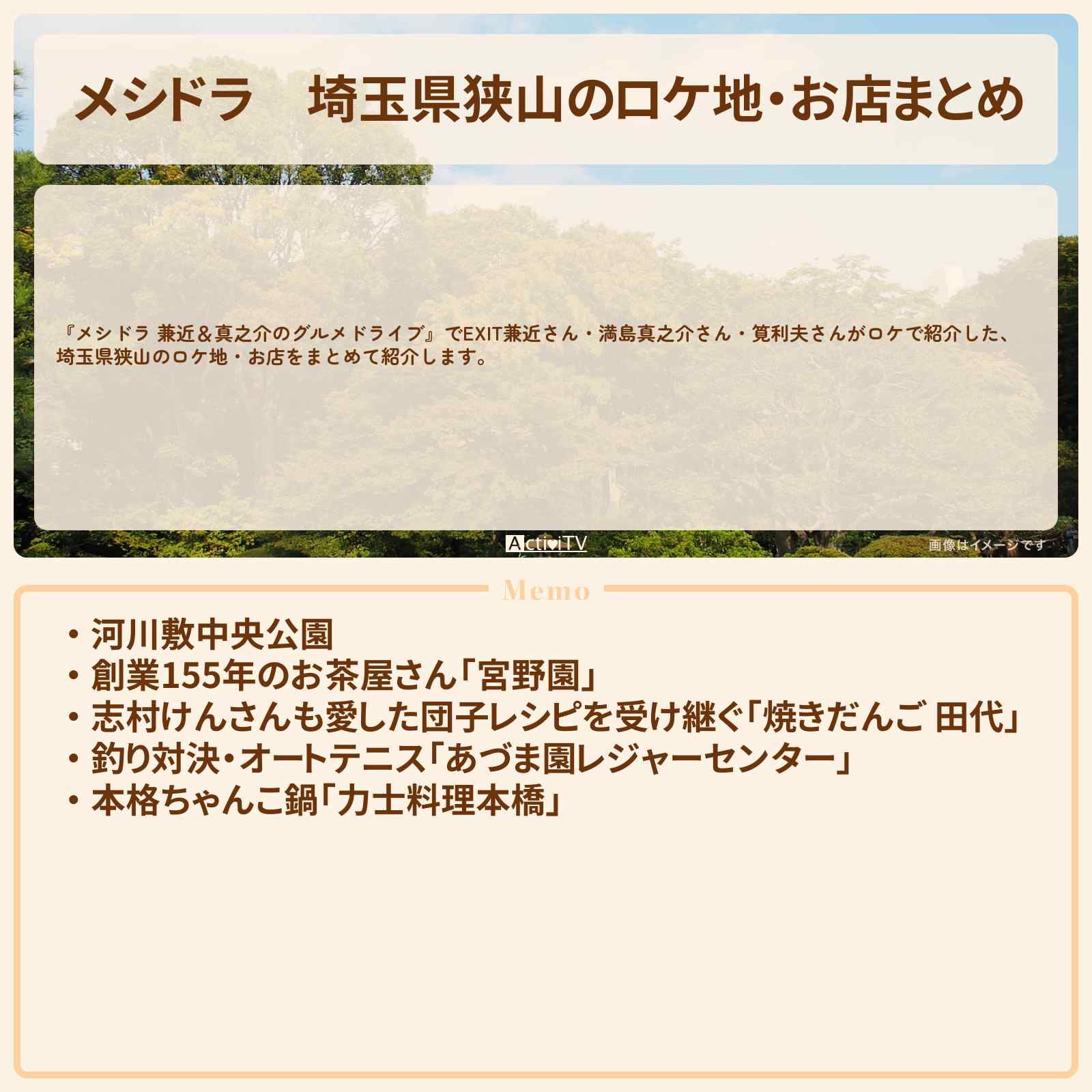 【メシドラ】埼玉県狭山のロケ地・お店まとめ〔EXIT兼近・満島真之介・筧利夫〕