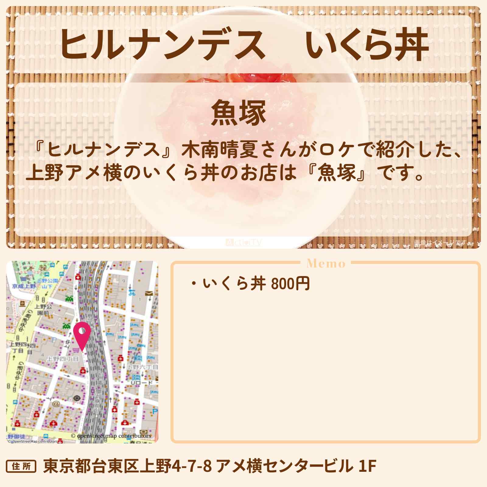 【ヒルナンデス】いくら丼『魚塚』上野アメ横のお店情報〔木南晴夏〕