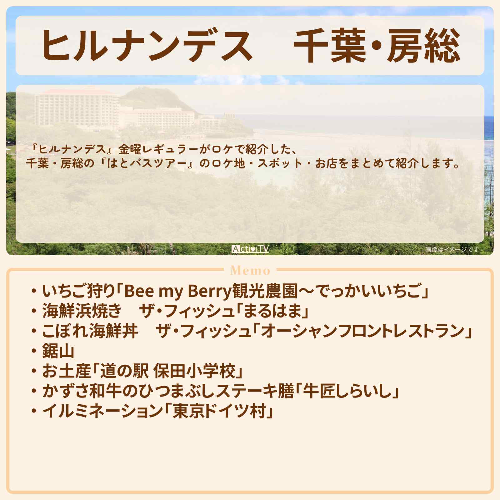 【ヒルナンデス】千葉・房総『はとバスツアー』のロケ地・お店まとめ