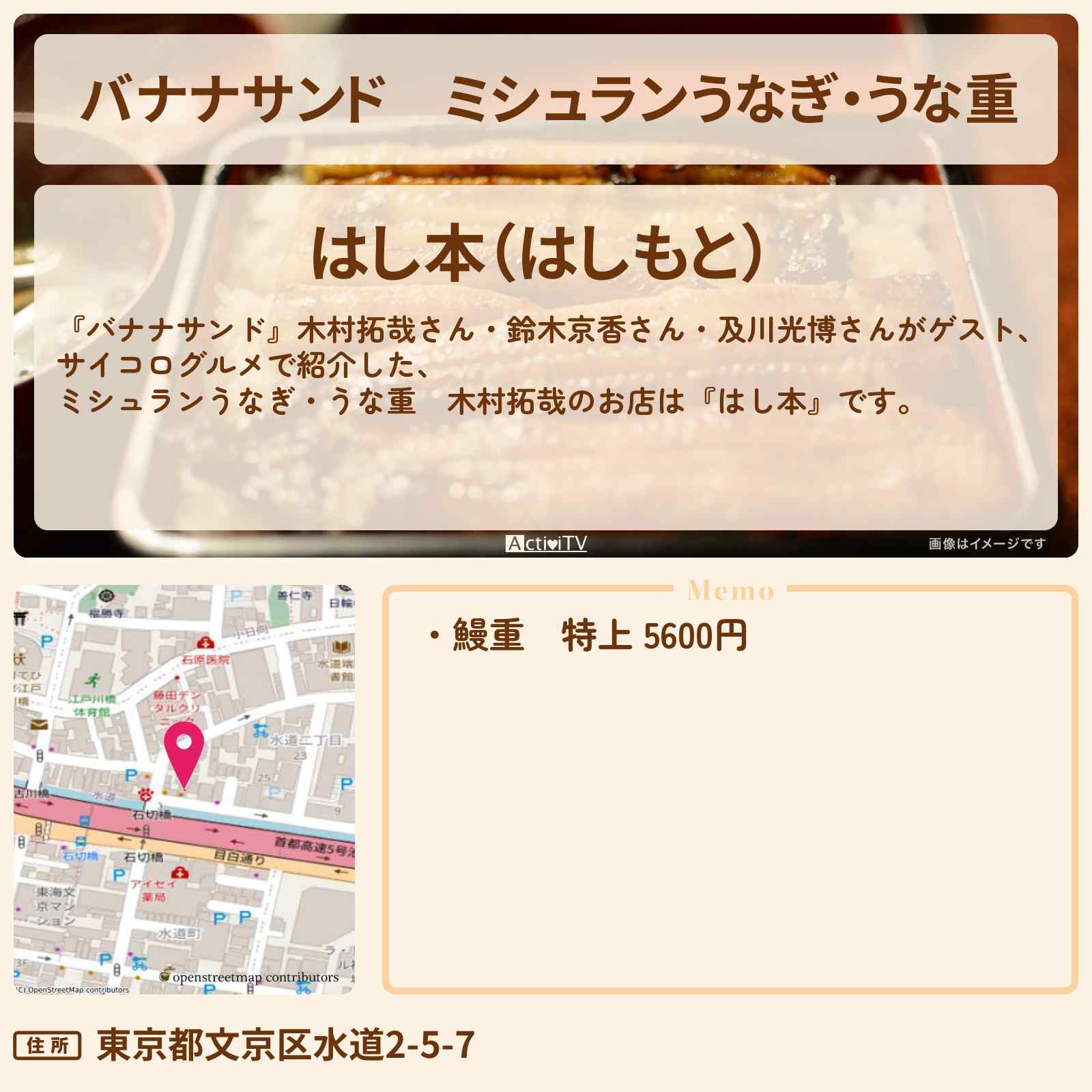 【バナナサンド】ミシュランうなぎ・うな重 木村拓哉『はし本(江戸川橋)』お店の場所〔鈴木京香・及川光博〕