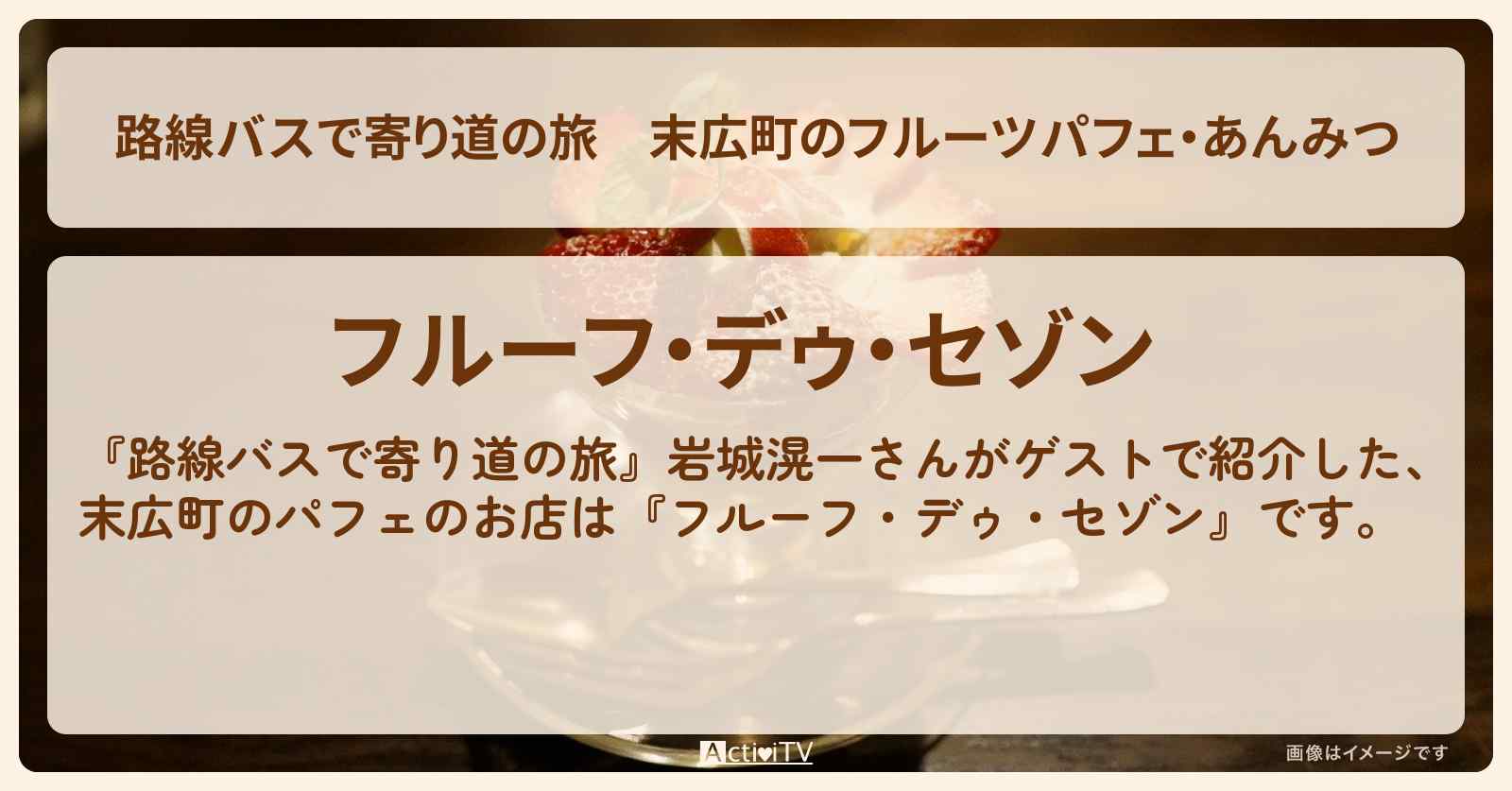 末広町のフルーツパフェ・あんみつ『フルーフ・デゥ・セゾン』甘味処のお店の場所〔岩城滉一〕