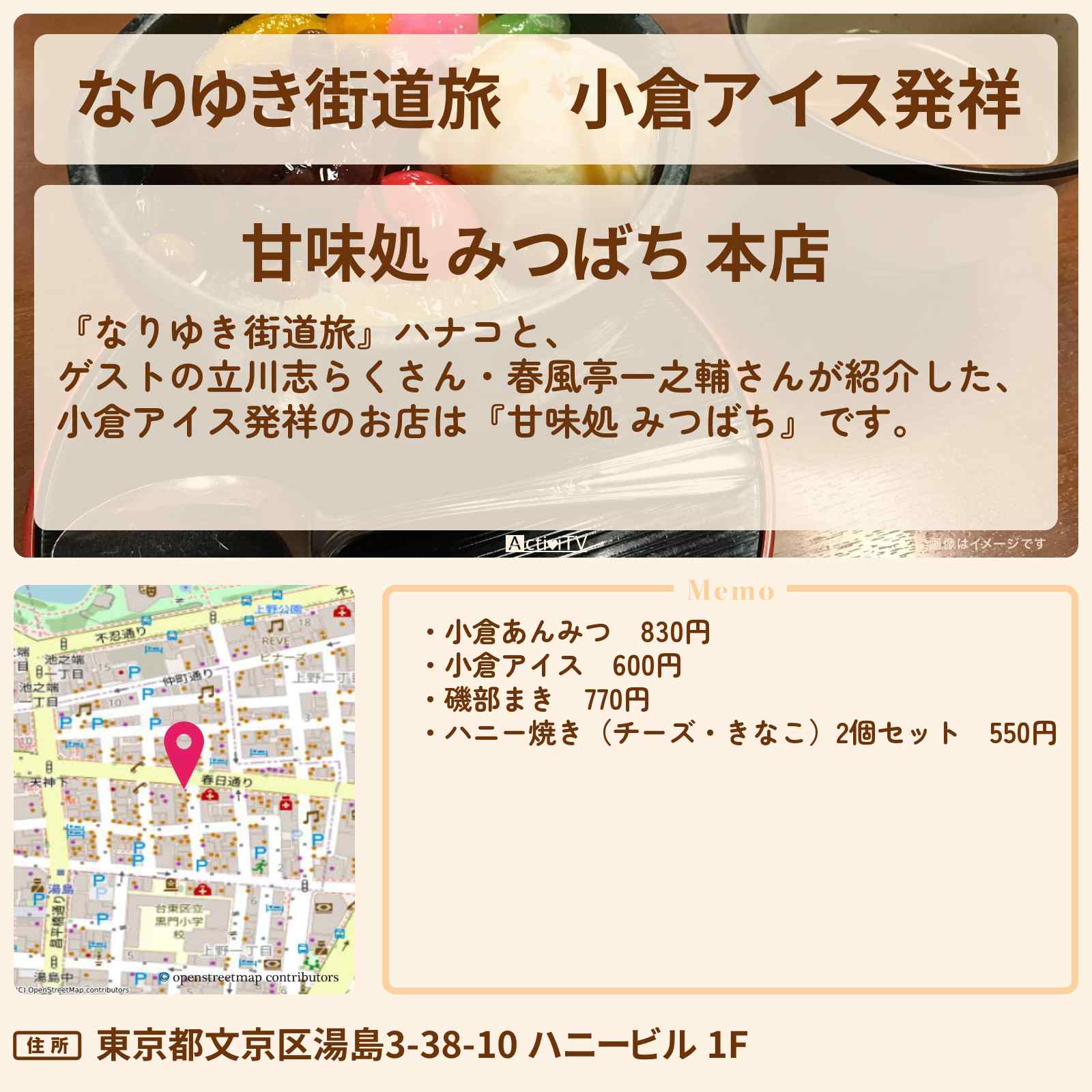 【なりゆき街道旅】小倉アイス発祥『甘味処 みつばち』上野のお店の場所〔立川志らく・春風亭一之輔〕