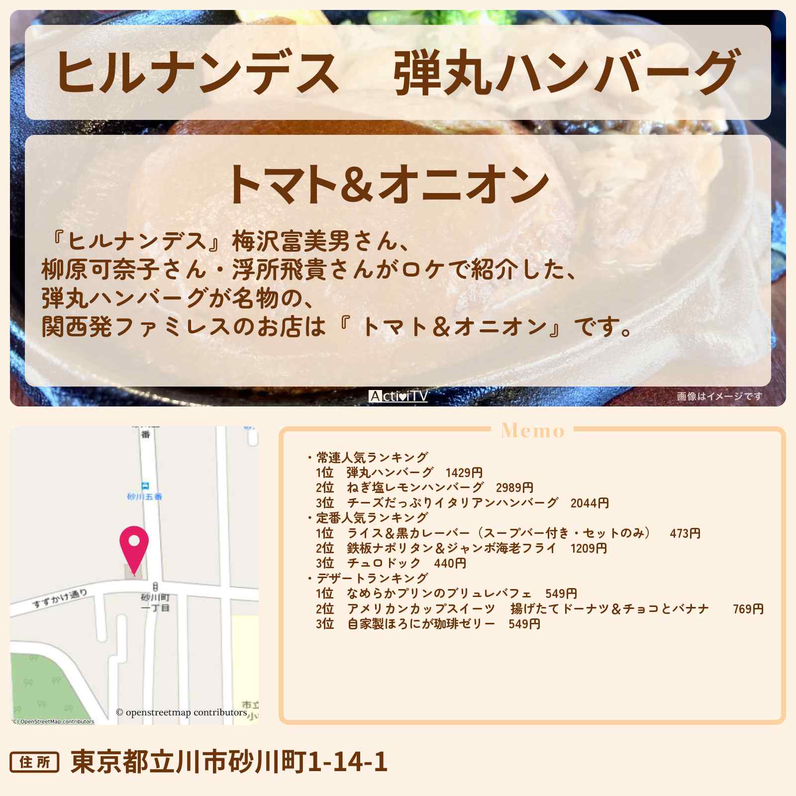 【ヒルナンデス】弾丸ハンバーグ 関西発ファミレス『 トマト&オニオン』立川のお店情報〔梅沢富美男〕