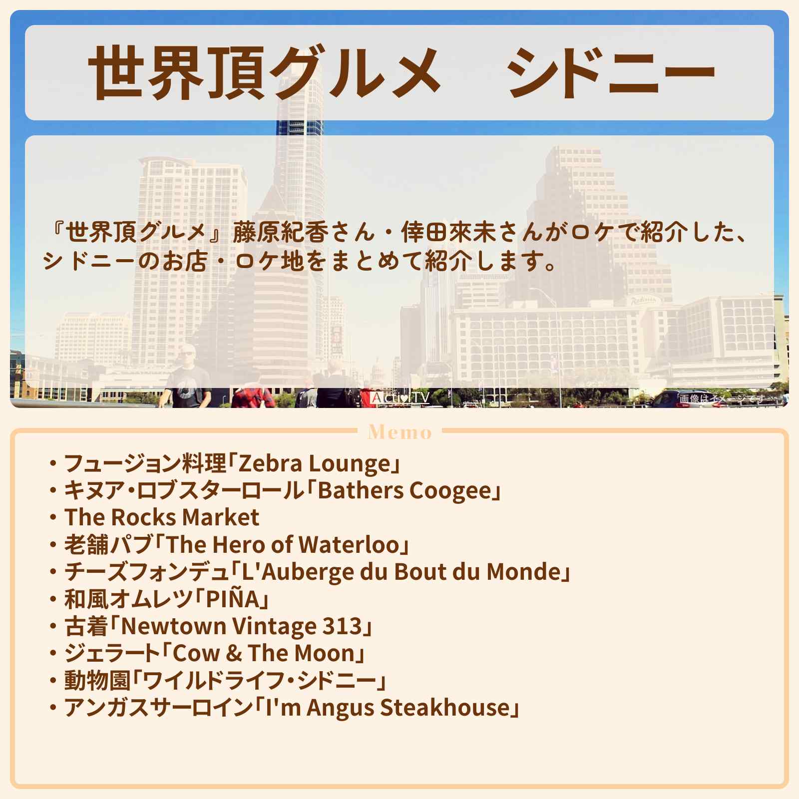 【世界頂グルメ】シドニー『藤原紀香・倖田來未』のお店のロケ地まとめ