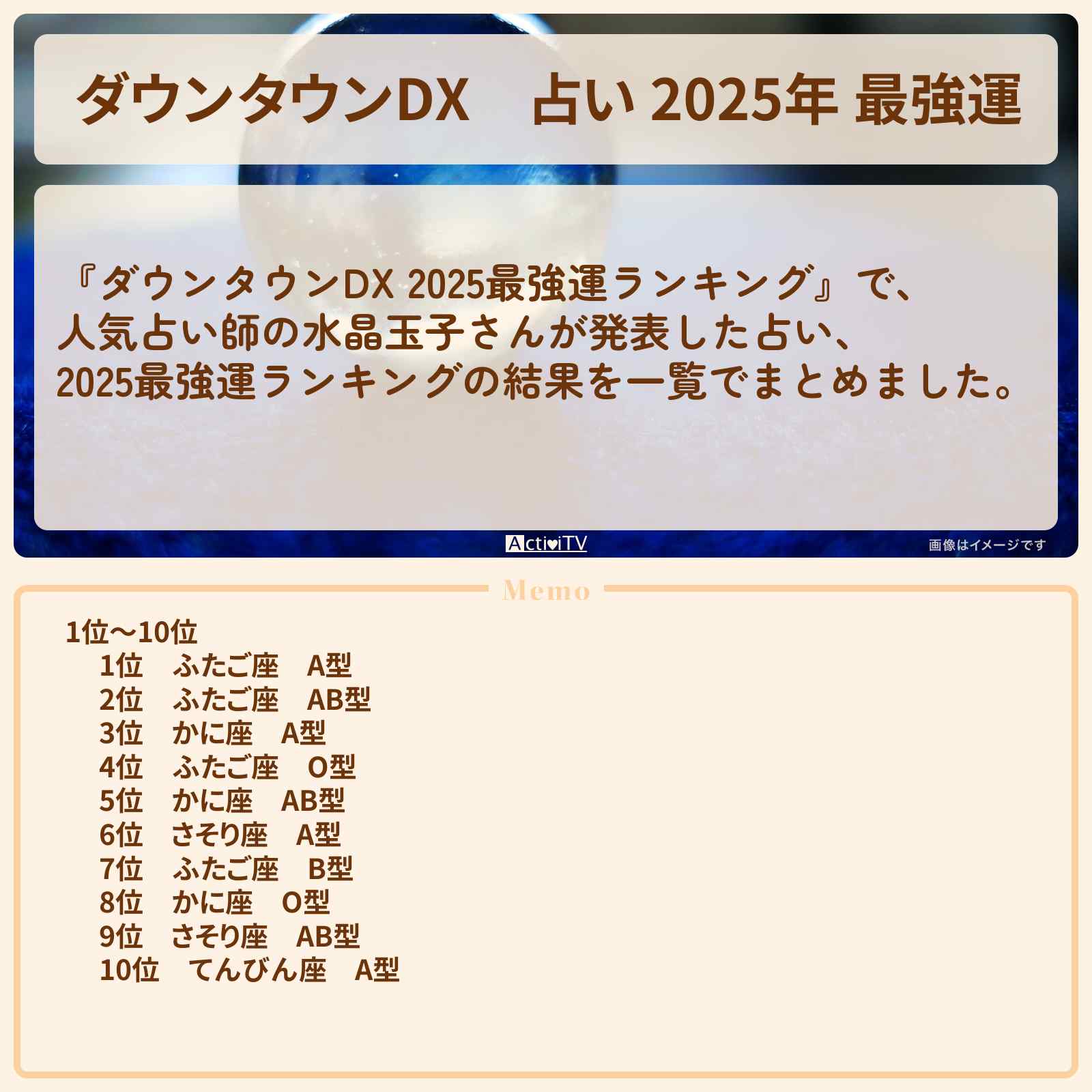 【ダウンタウンDX】占い 2025年 最強運『星座×血液型』ランキングのまとめ〔水晶玉子〕