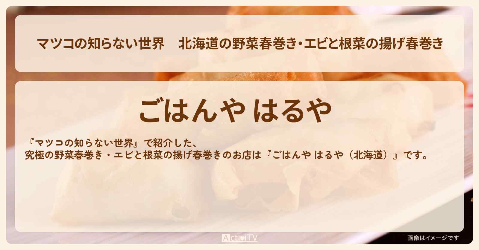 北海道の野菜春巻き・エビと根菜の揚げ春巻き『ごはんや はるや』のお店情報