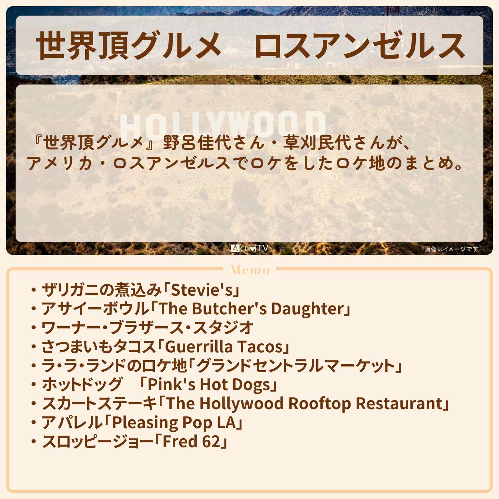 【世界頂グルメ】ロスアンゼルス『野呂佳代・草刈民代』のお店のロケ地まとめ