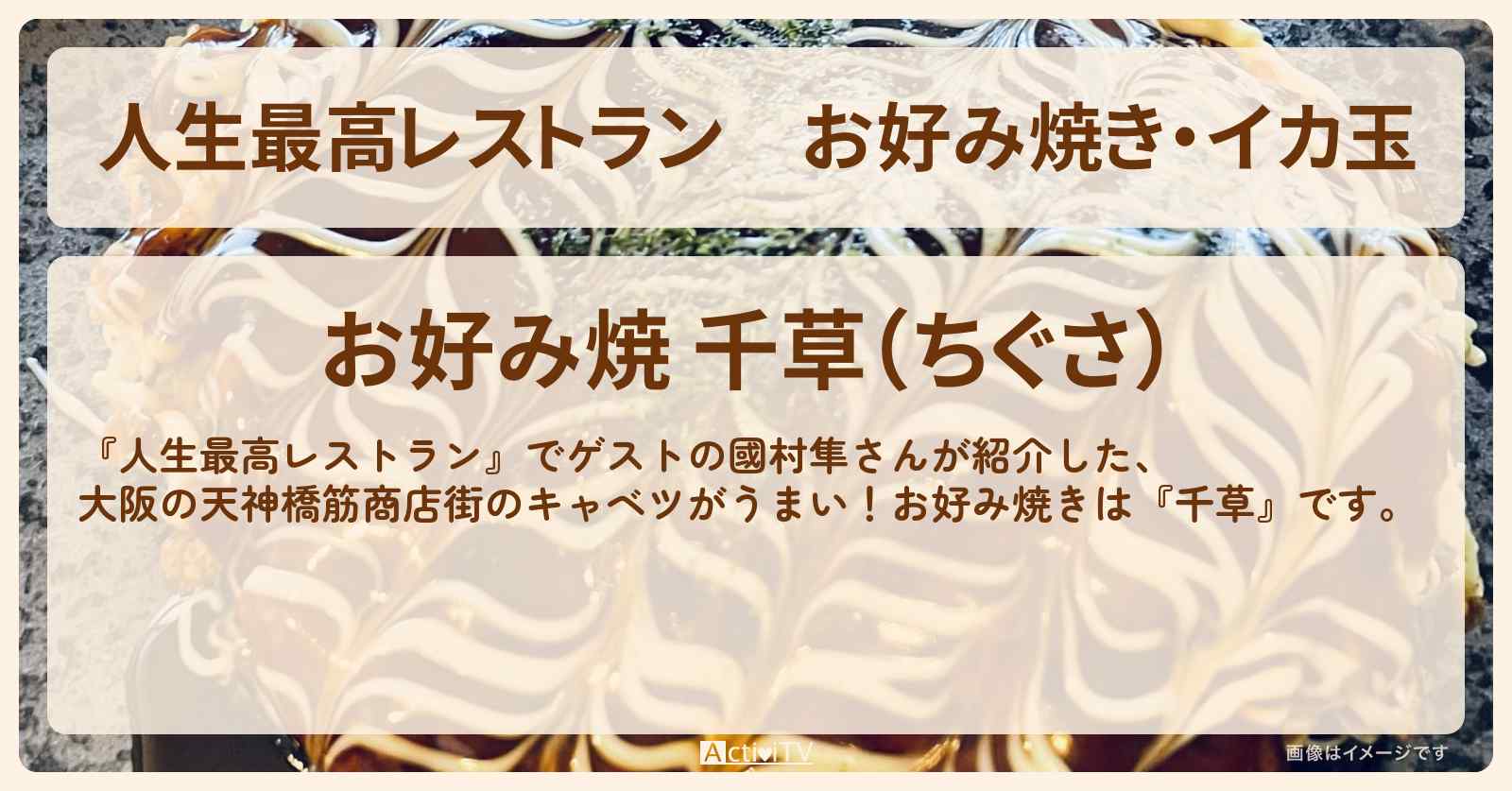 お好み焼き・イカ玉　國村隼『千草（大阪）』天神橋筋商店街のお店の場所