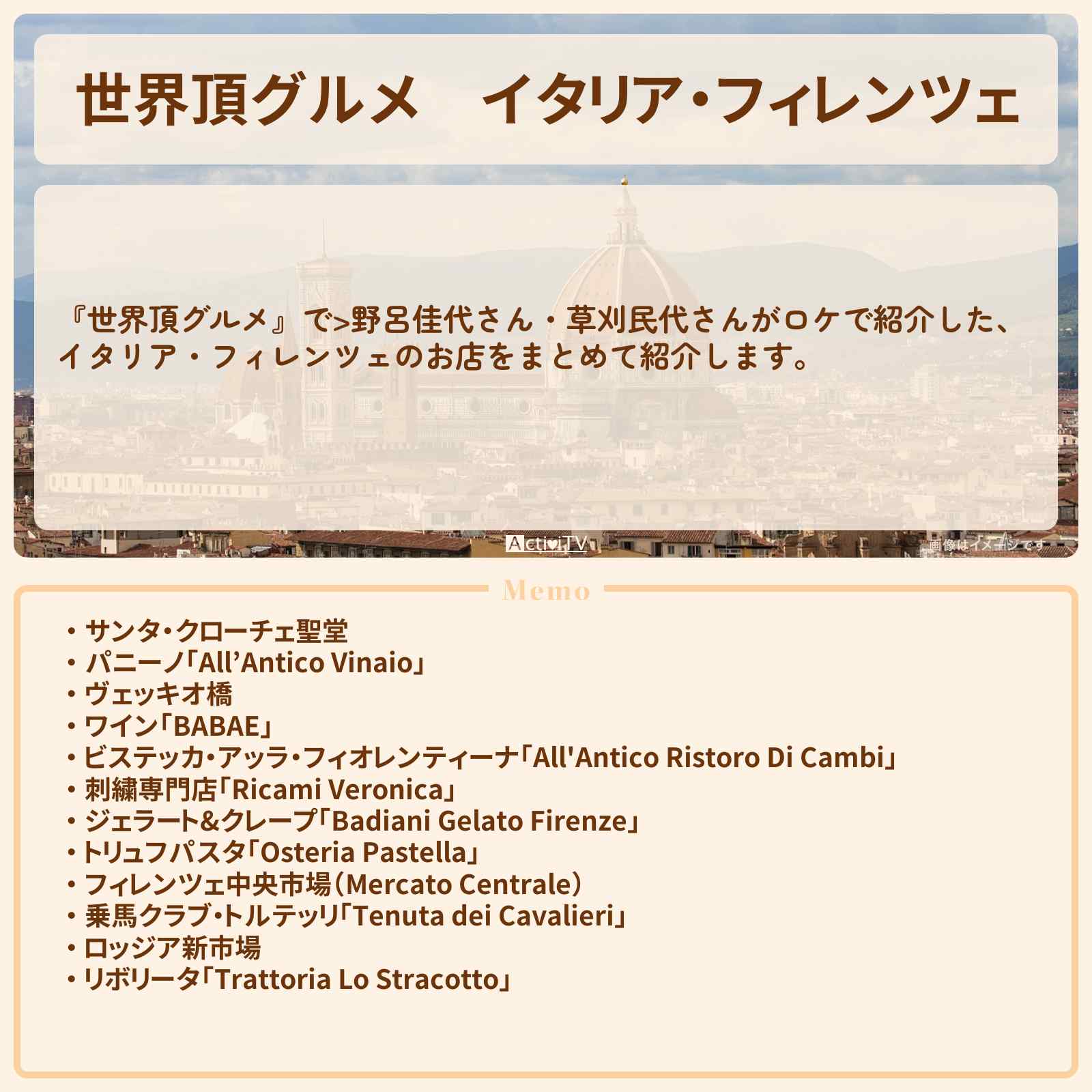 【世界頂グルメ】イタリア・フィレンツェ『野呂佳代・草刈民代』のお店のロケ地まとめ