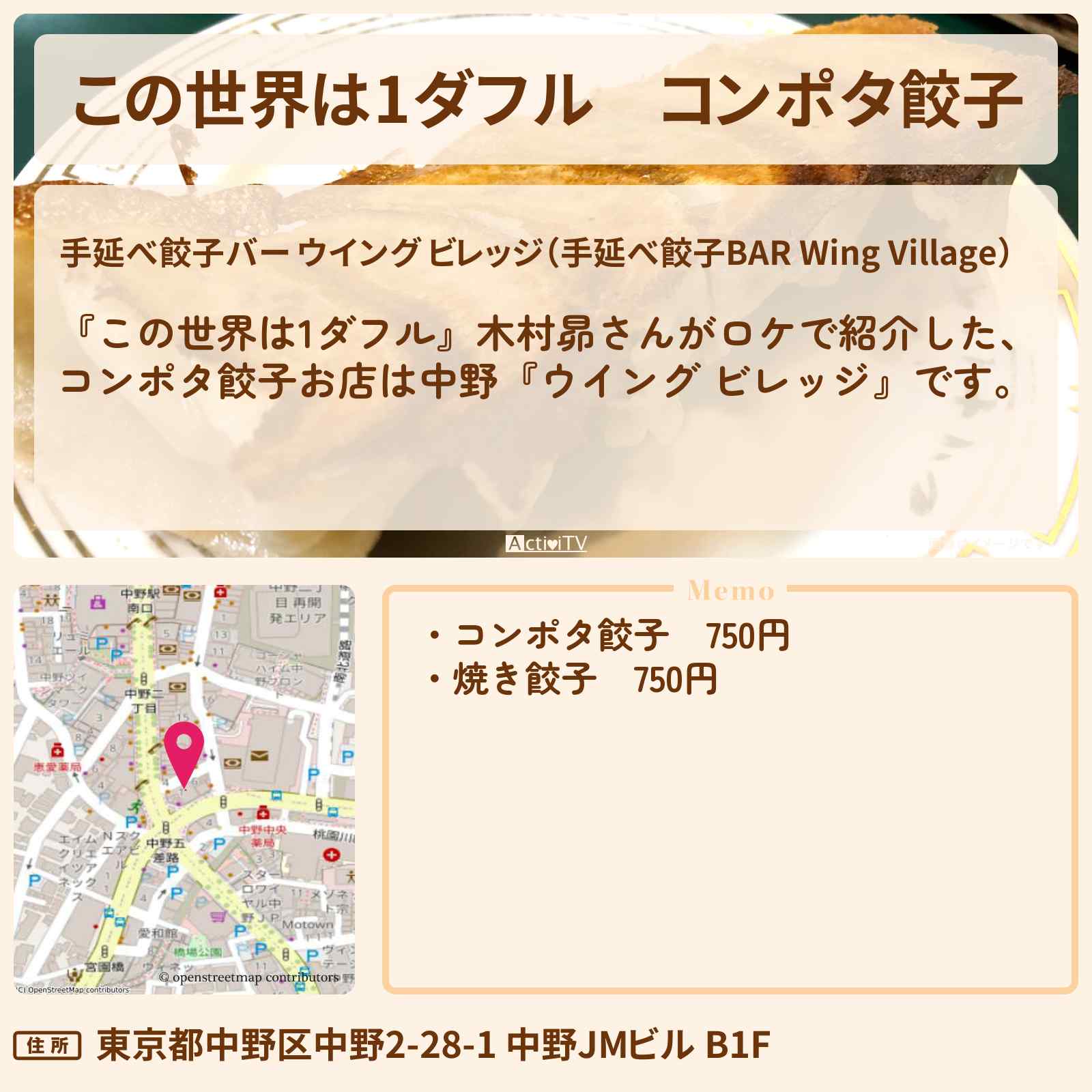 【この世界は1ダフル】コンポタ餃子 木村昴『ウイング ビレッジ(中野)』のお店の場所