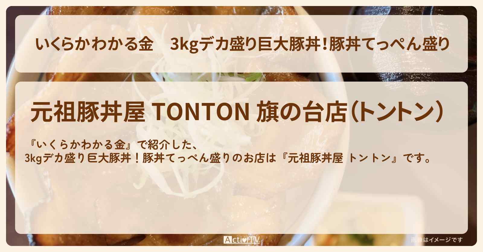 3kgデカ盛り巨大豚丼！豚丼てっぺん盛り『元祖豚丼屋 トントン』のお店の場所〔オードリー春日〕