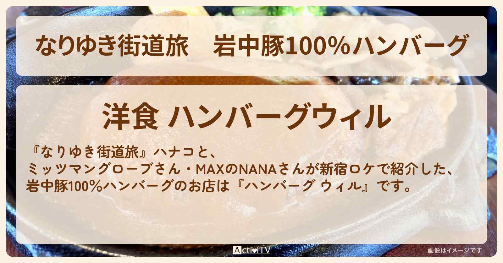 岩中豚100％ハンバーグ『ハンバーグ ウィル（新宿）』のお店を紹介〔ミッツマングローブ・MAX・NANA〕