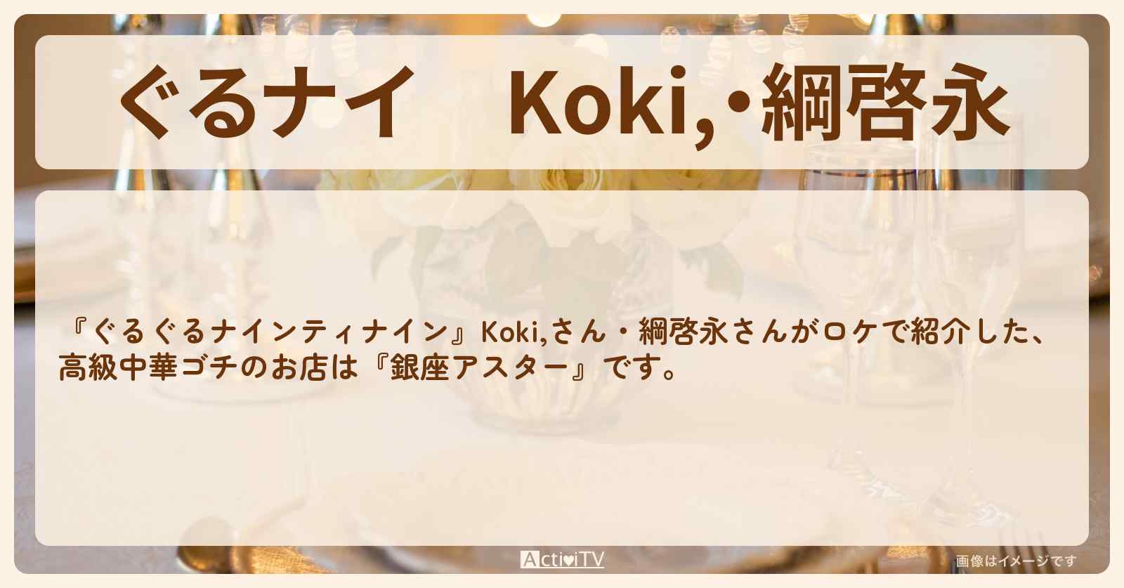 【ぐるナイ】Koki,・綱啓永　高級中華ゴチ『銀座アスター（お茶の水）』のお店の場所