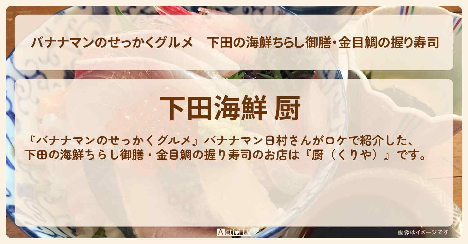 下田の海鮮ちらし御膳・金目鯛の握り寿司『厨（くりや）』のお店の場所〔日村勇紀〕