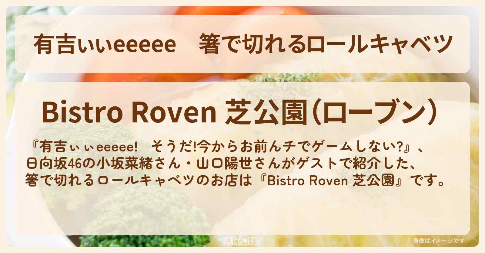 【有吉ぃぃeeeee】箸で切れるロールキャベツ『Bistro Roven 芝公園』芝公園のロケ地のお店〔小坂菜緒・山口陽世・日向坂46〕