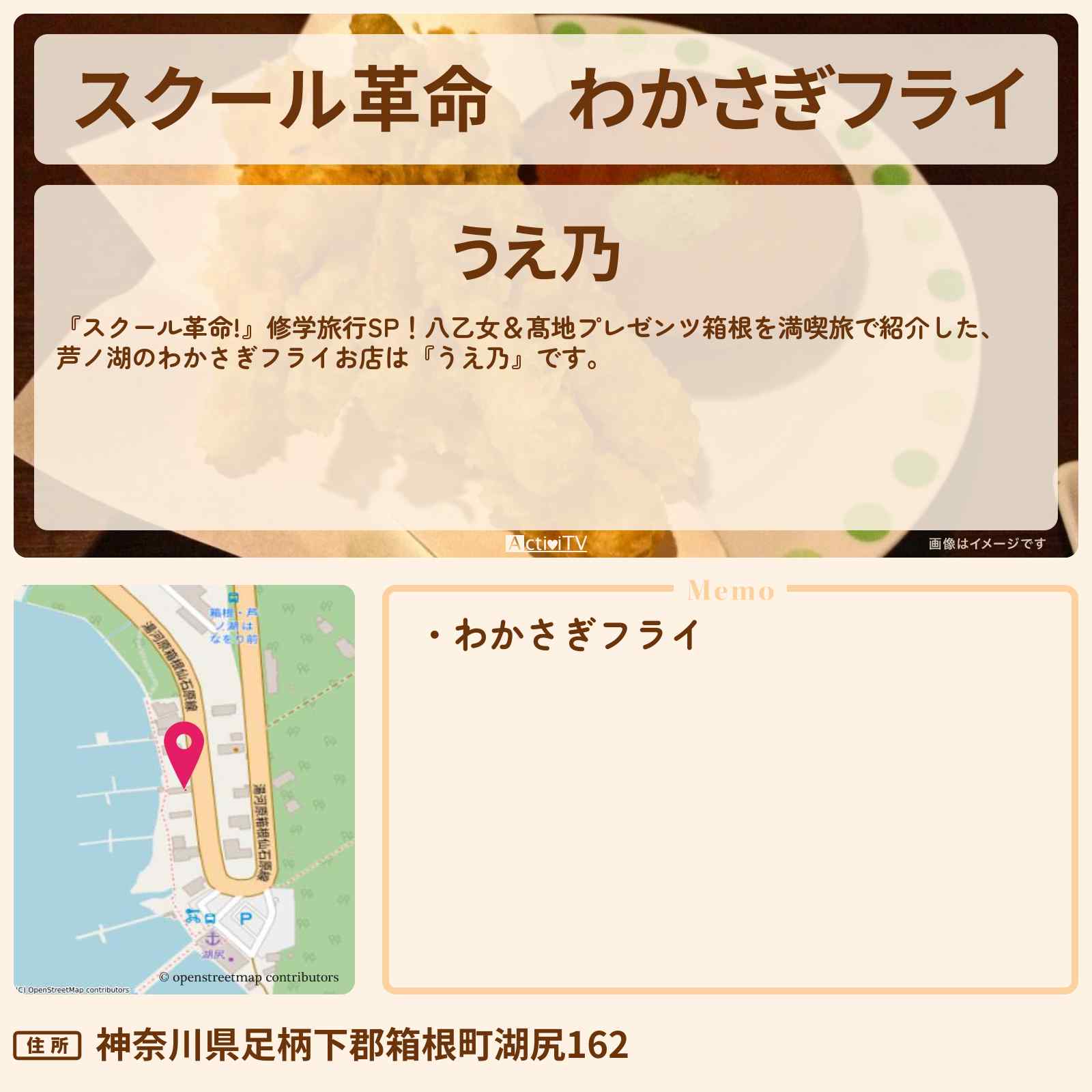 【スクール革命】わかさぎフライ 箱根・芦ノ湖『うえ乃』のお店・ロケ地のまとめ